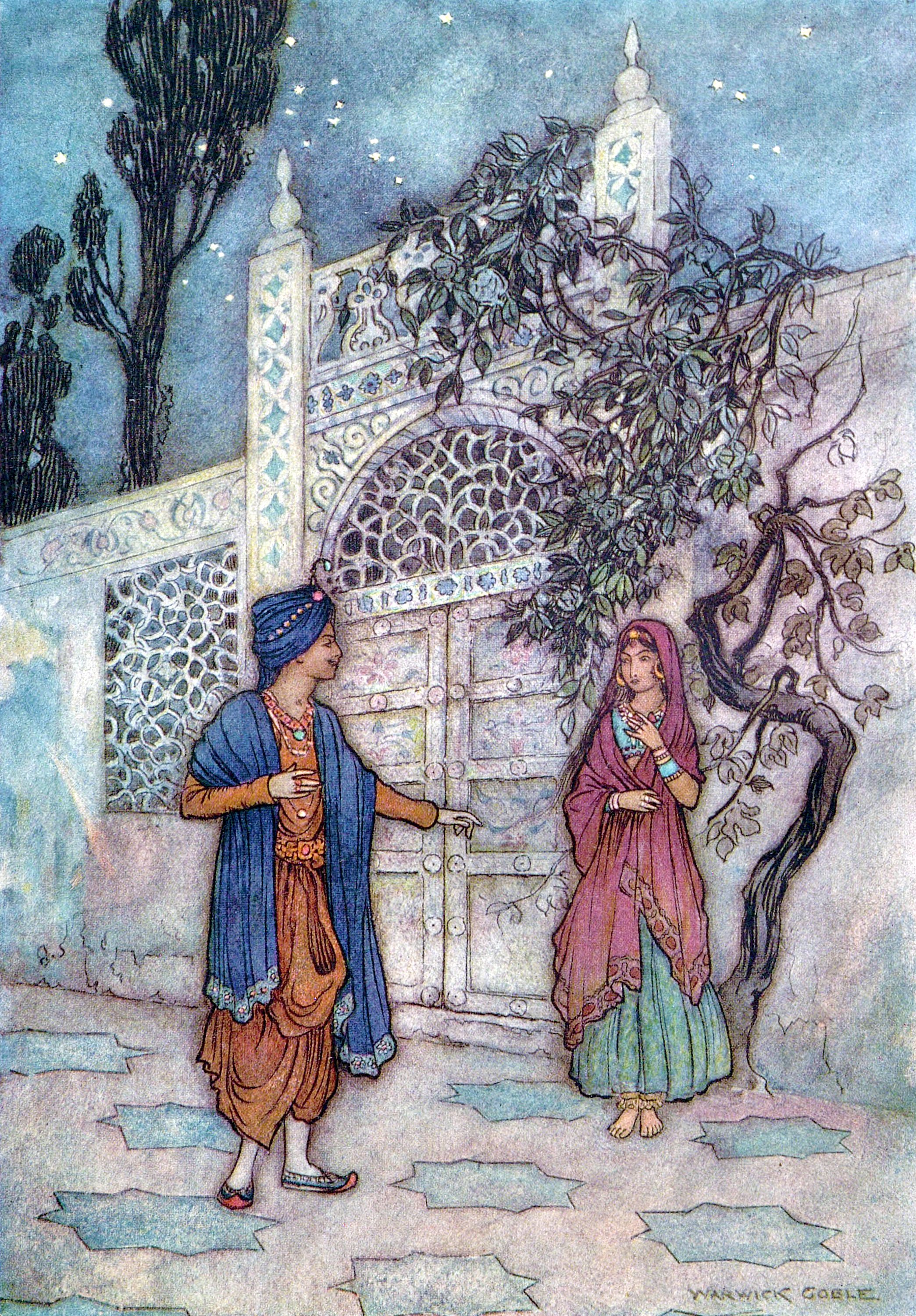 The prince revealed, and, walking about, saw a human figure near the gate