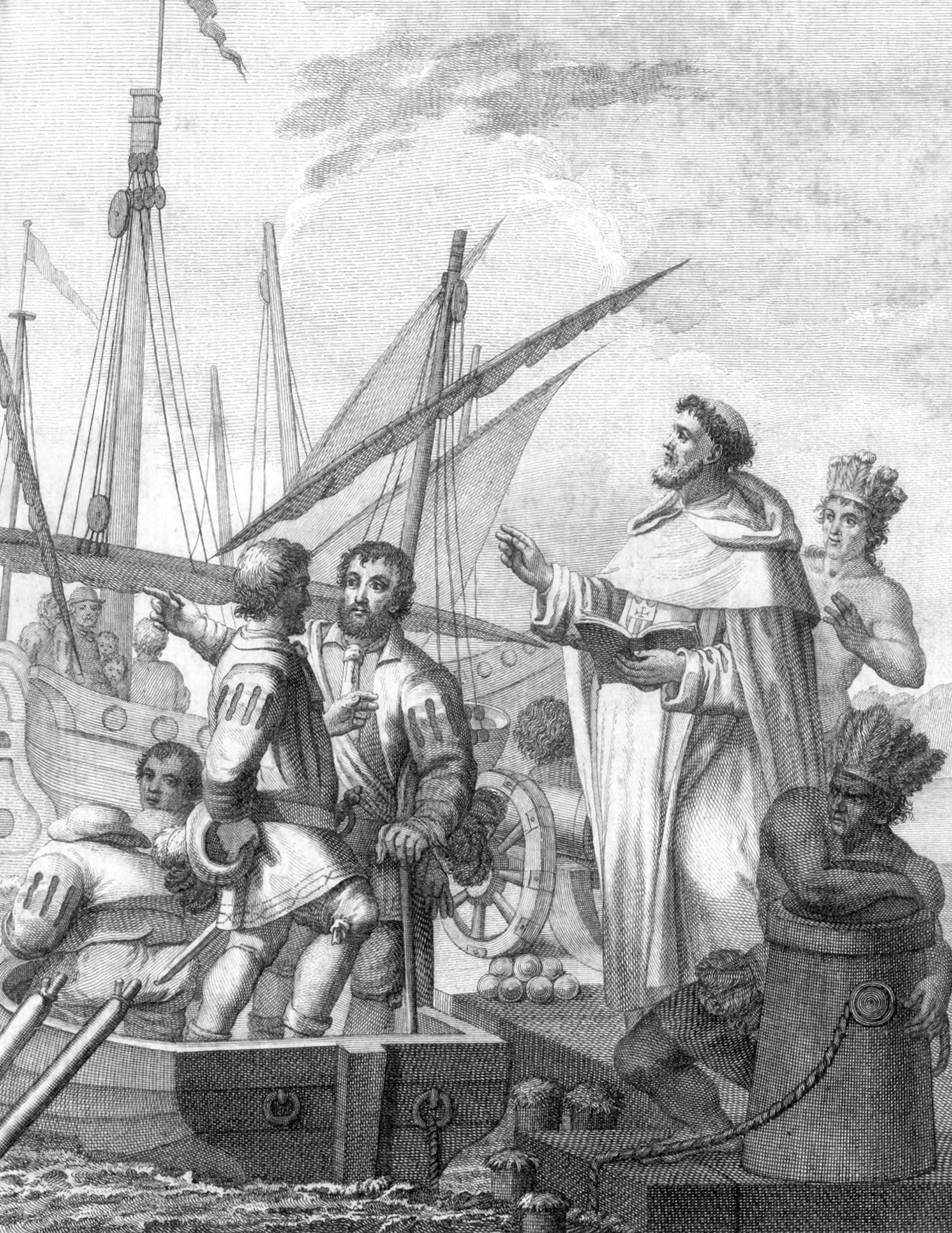 The Brigantines are launched into the water, where Father Olmedo blesses them
