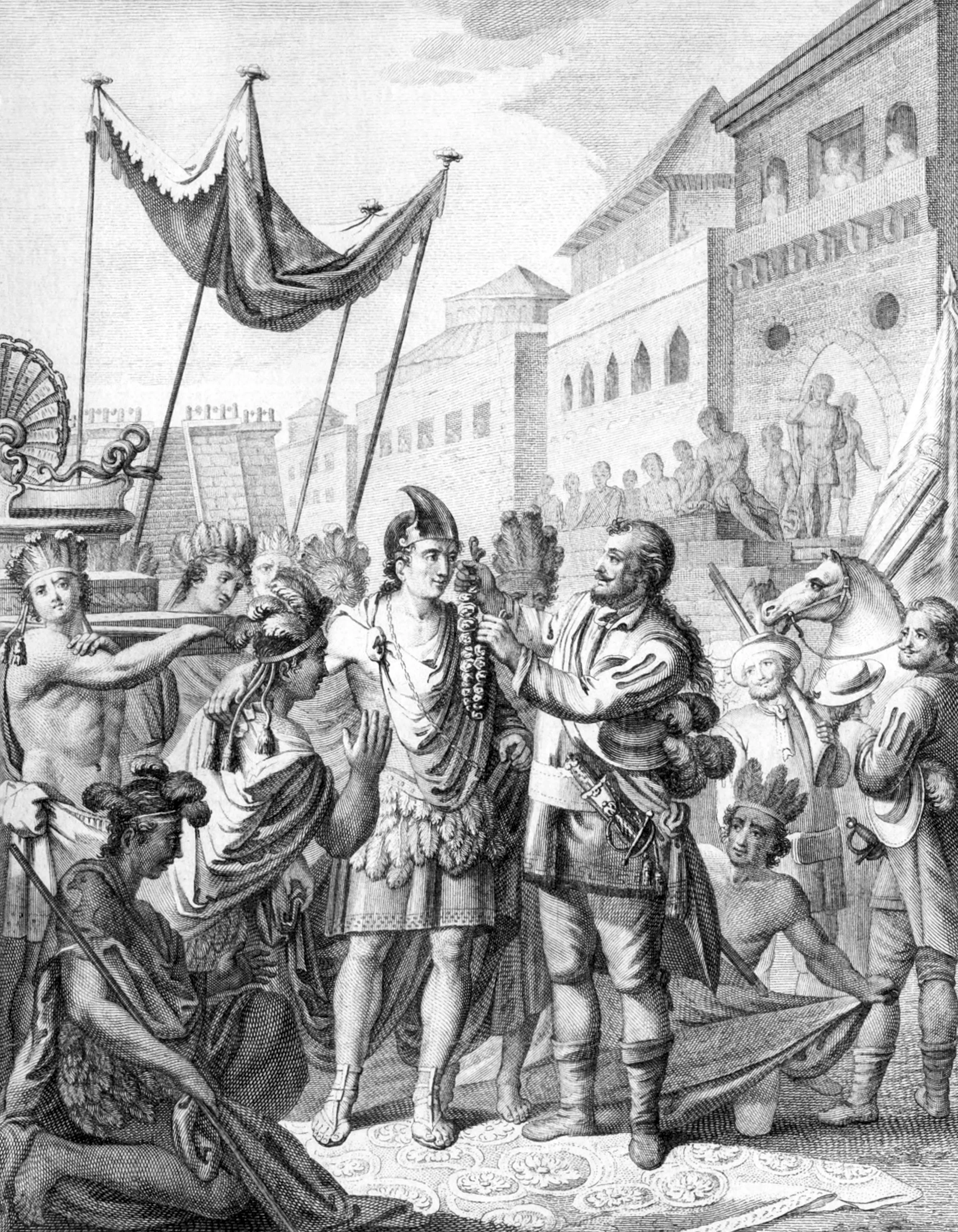 Cortes enters with his army in Mexico, and is received by Montezuma with signs of great friendship