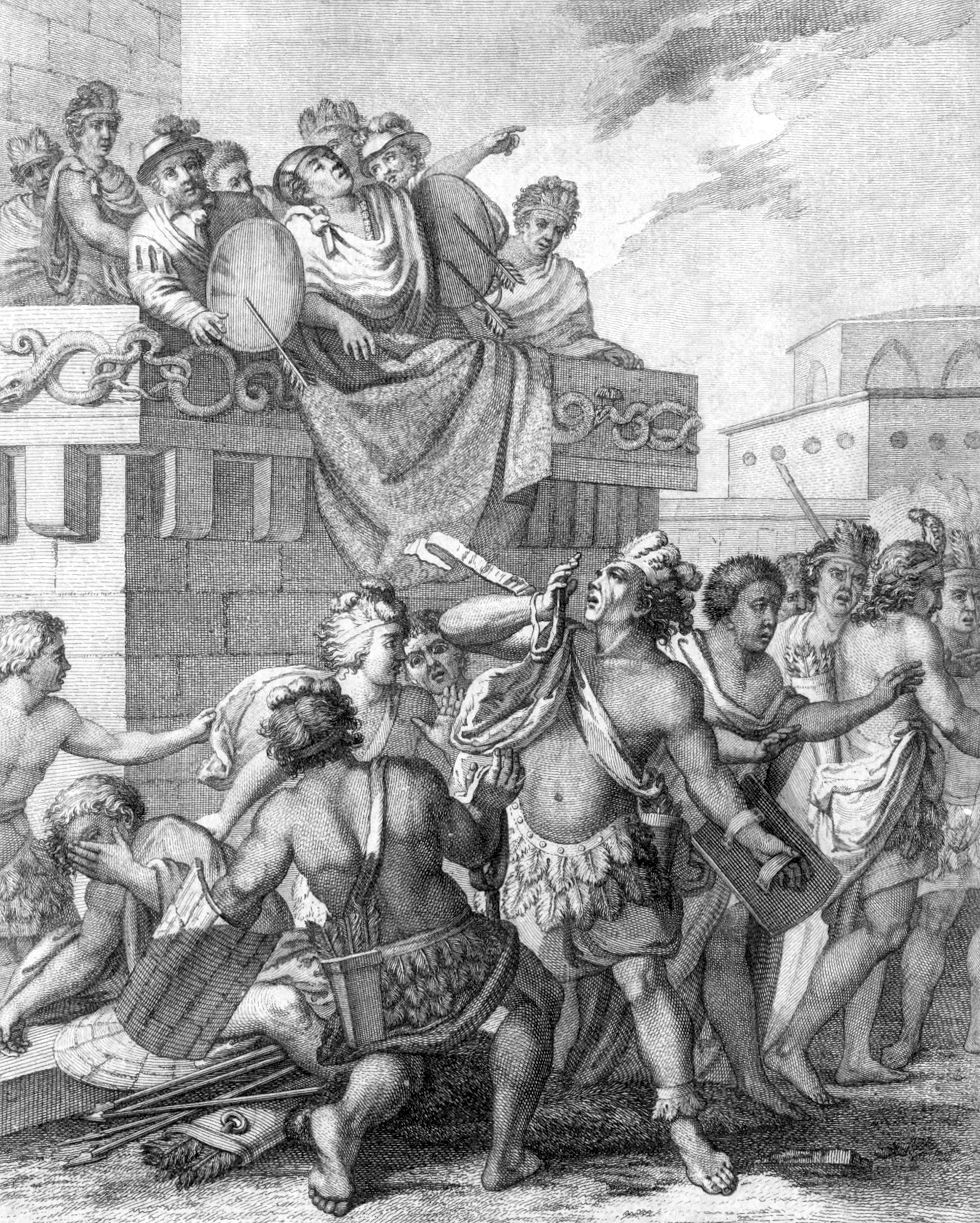 Montezuma rebukes his vassals from Cortes' lodgings, and they, losing respect for him, stone him, and wound him