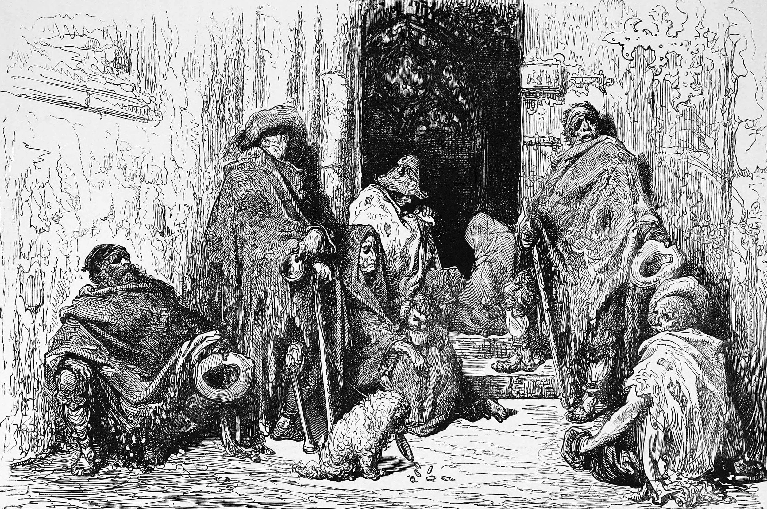 Beggars in the Cloister of the Cathedral of Barcelona