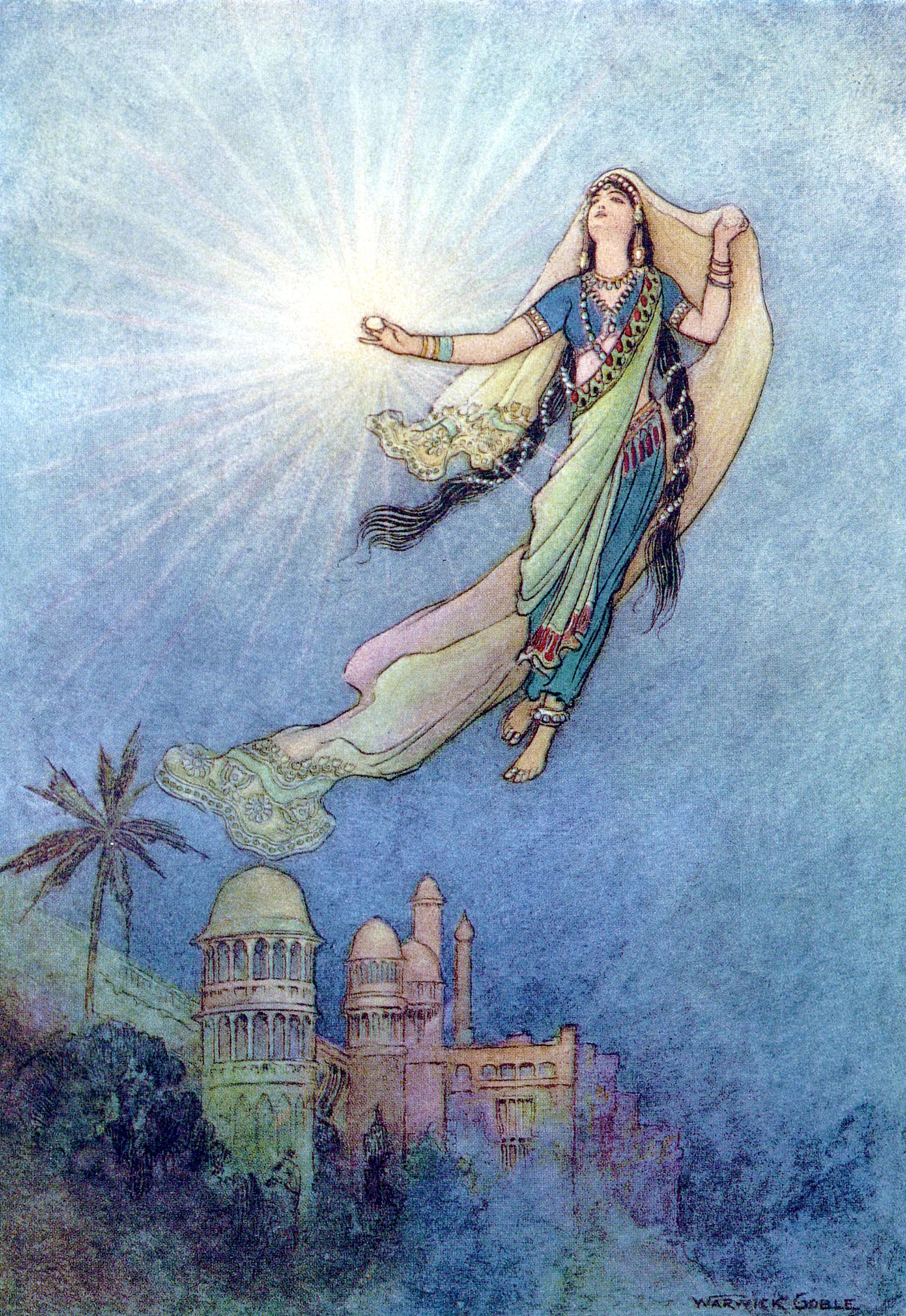 She took a jewel in her hand, left the palace, and successfully reached the upper world