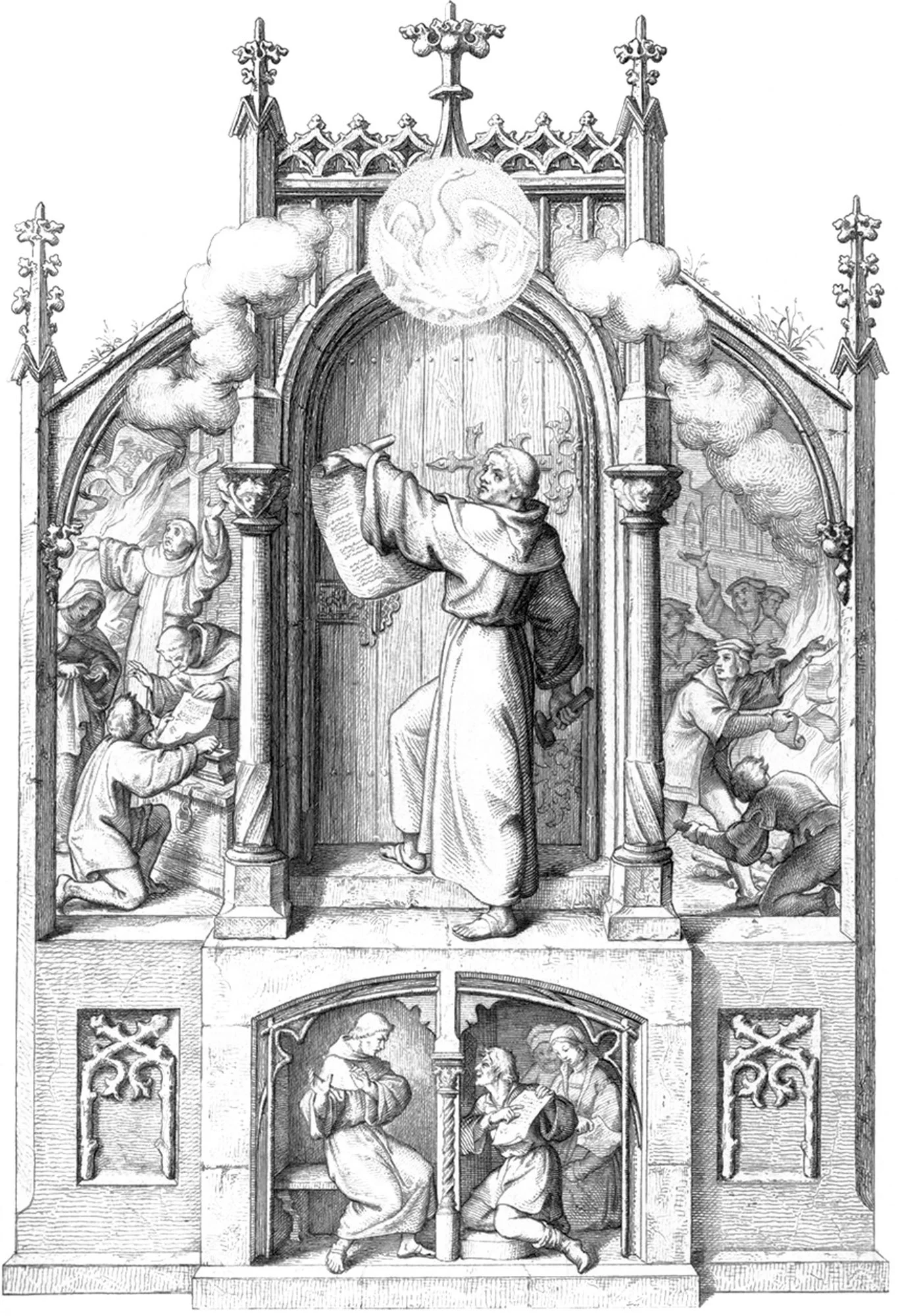 Luther is seen refusing Absolution to penitents producing their Indulgences; and in the center he is affixing his ninety-five theses to the church-