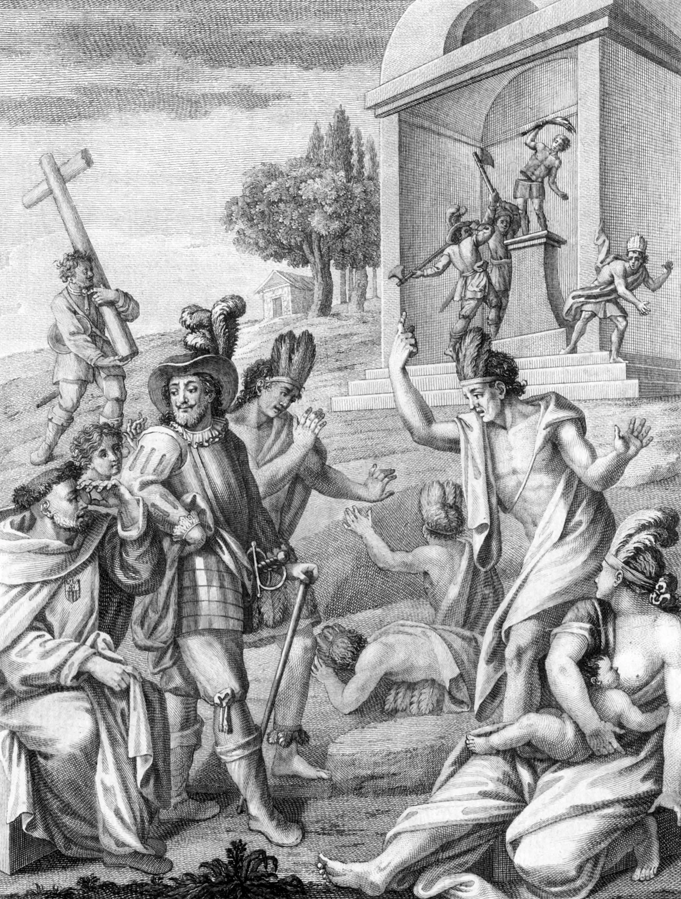 Cortes lands on the island of Cozumel; makes friends with the islanders, and manages to topple their idols