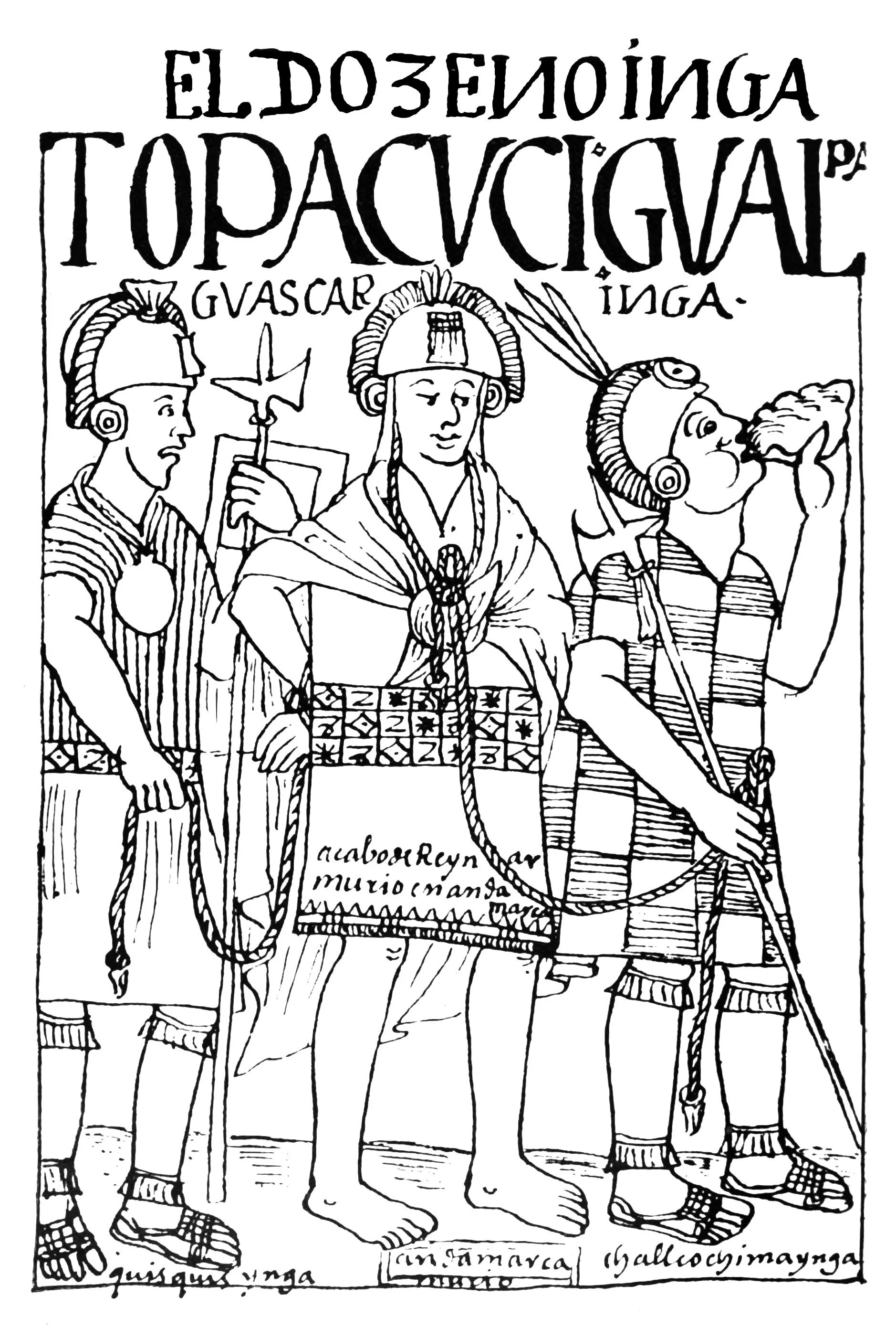 The captured Huascar Inca being led in bonds by Quisquis and Challcochimaynga