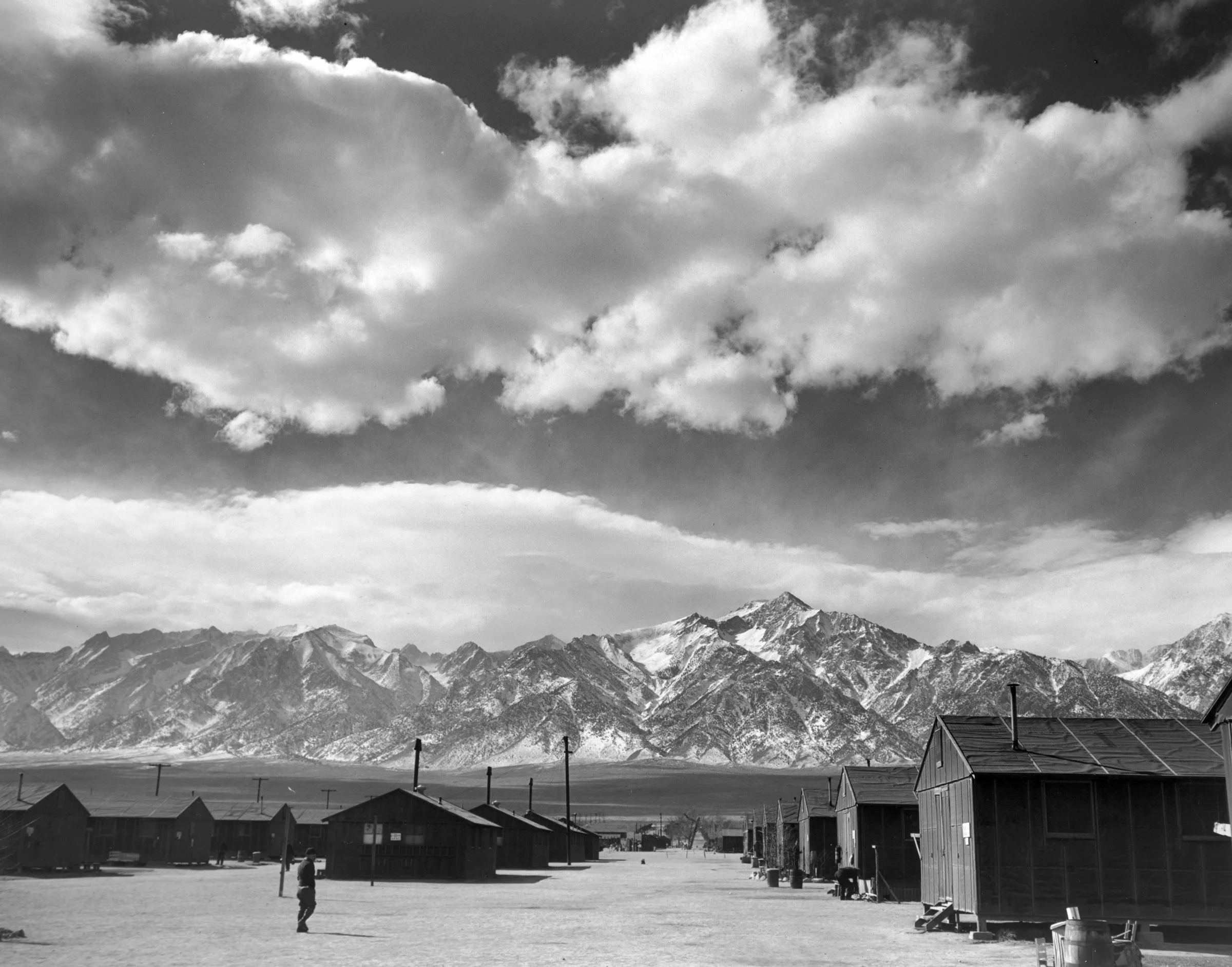 Manzanar street scene, clouds, Manzanar Relocation Center, California