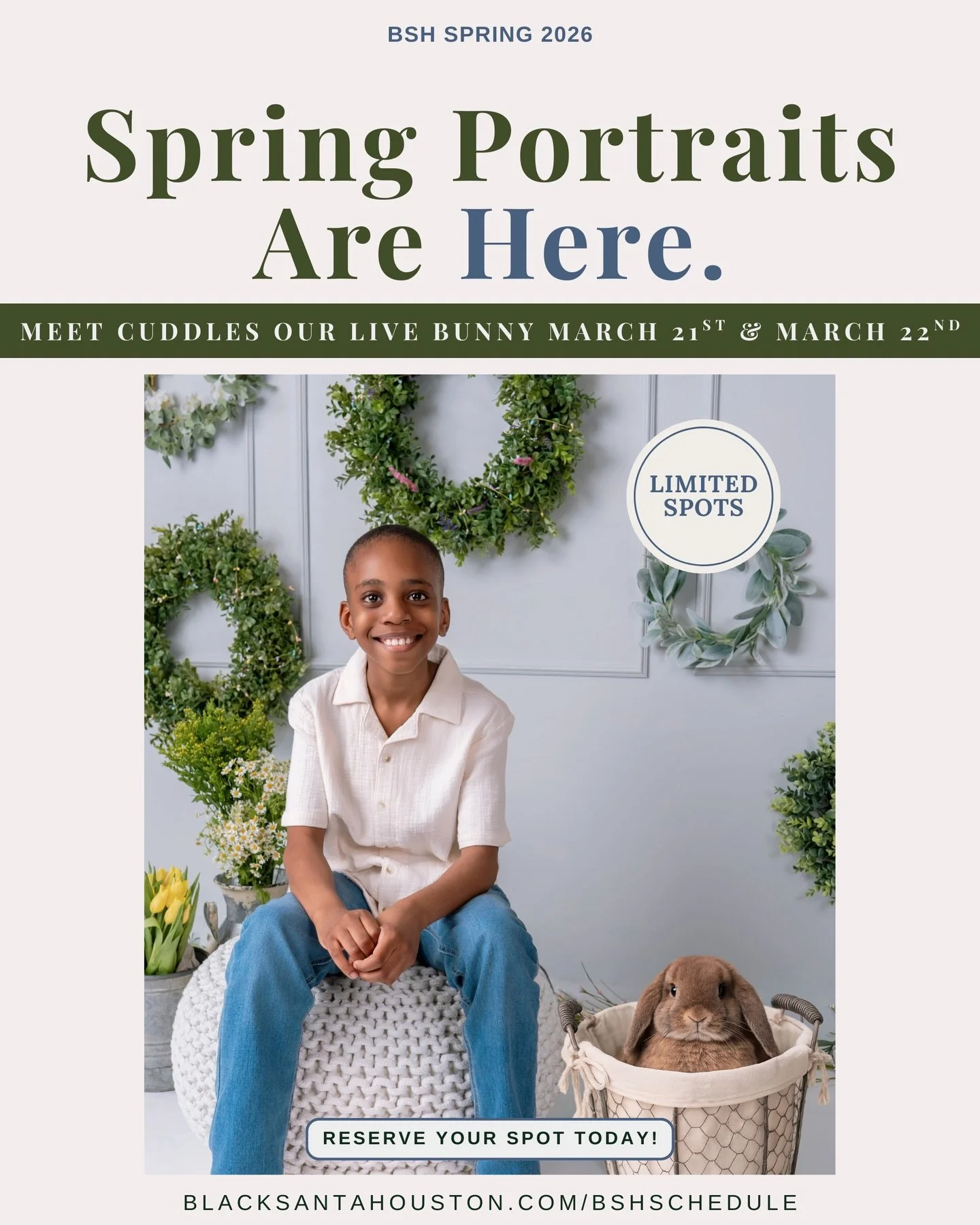 ✨ Spring Portraits are NOW OPEN ! And this year, we&rsquo;re bringing something truly special.

On March 21st &amp; 22nd, your little one will step into our beautifully refined Spring set and meet Cuddles, our adorable live Holland Lop bunny. &nbsp;B