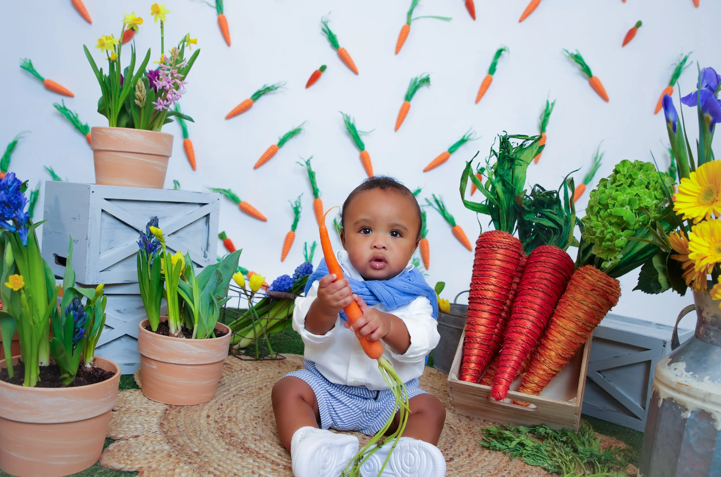 A young child sitting on a woven rug, holding a large orange carrot, surrounded by gardening props including potted flowers, large carrots, and a backdrop of carrot decorations on a white wall.