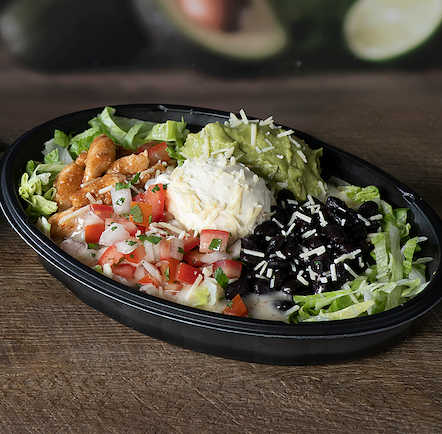 cali bowl  Fancy something lighter? Skip the wrap and enjoy this bowl filled with fiesta salsa, guacamole, seasoned black beans, sour cream, creamy ranch sauce and shredded cheese all on a bed of lettuce.