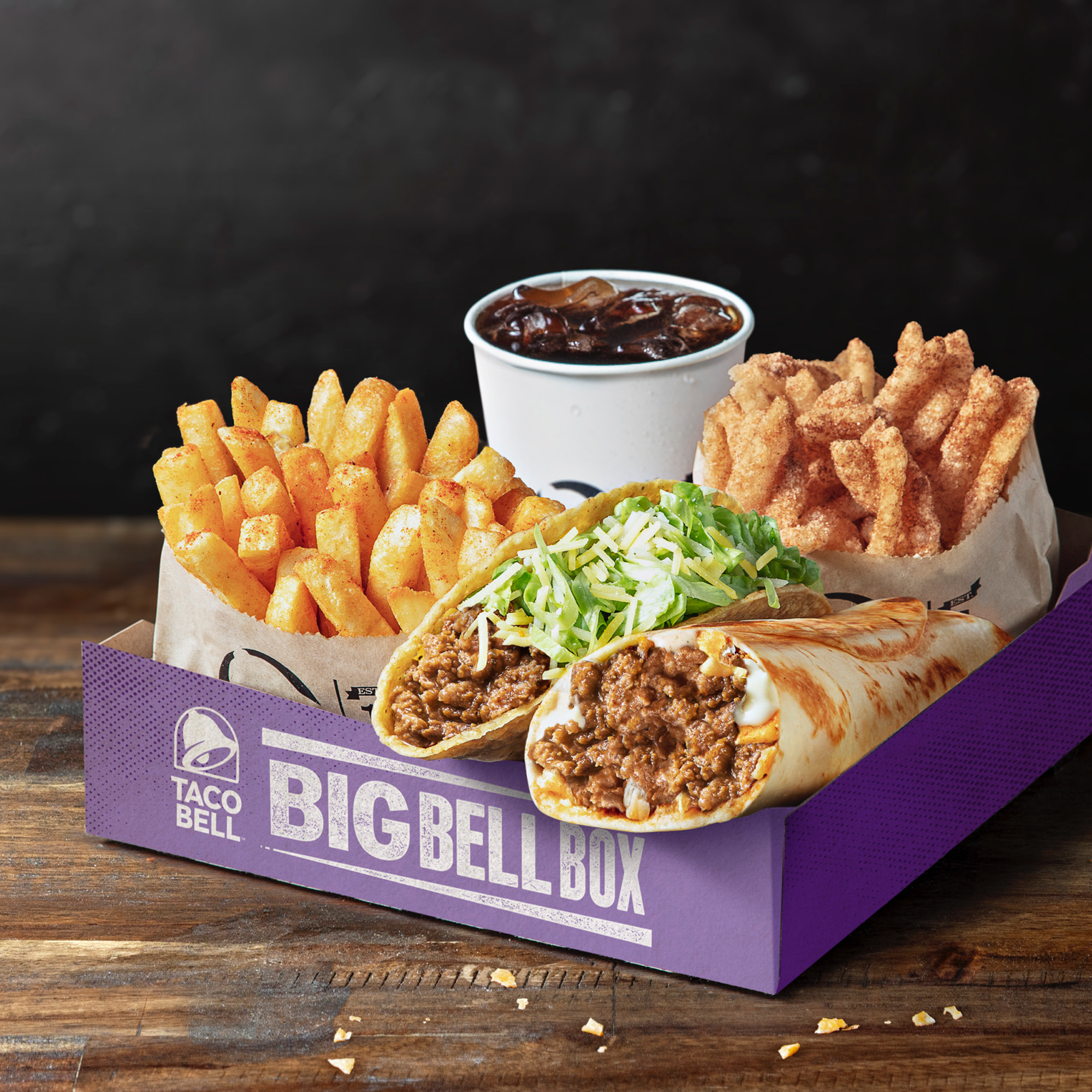 big bell box™  The BIG BELL BOX which will satisfy all your cravings! It’s got all your favourites; Crunchy Taco, Beefy Cheesy Burrito, Regular Mexican Fries, Cinnamon Twists and a Regular Drink