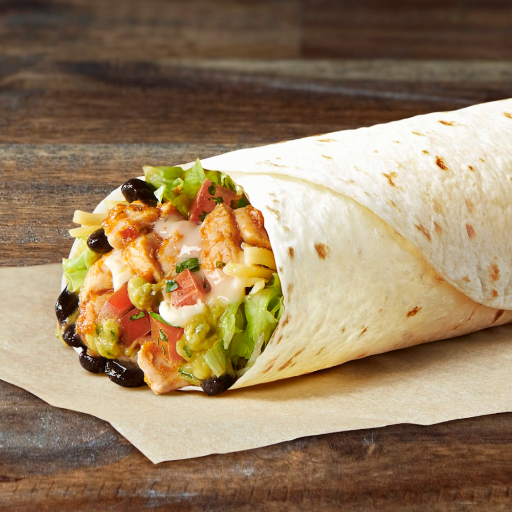 Cali Burrito  Inspired by our Southern California roots, this burrito has tons of personality. With a soft tortilla wrapped around cheddar cheese, seasoned black beans, guacamole, creamy ranch sauce, shredded lettuce, fiesta salsa and your choice of protein.