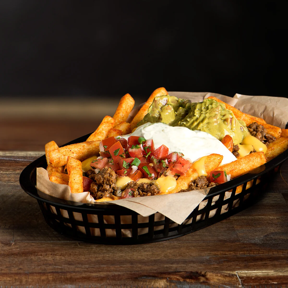 loaded fries  Everything you love about nachos stacked onto seasoned crunchy hot fries. Perfect for sharing with your mates... or keeping all to yourself.