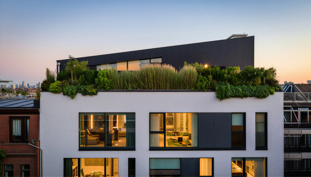 Modern residential building with contemporary facade and rooftop planting at dusk, representing high-end architecture projects
