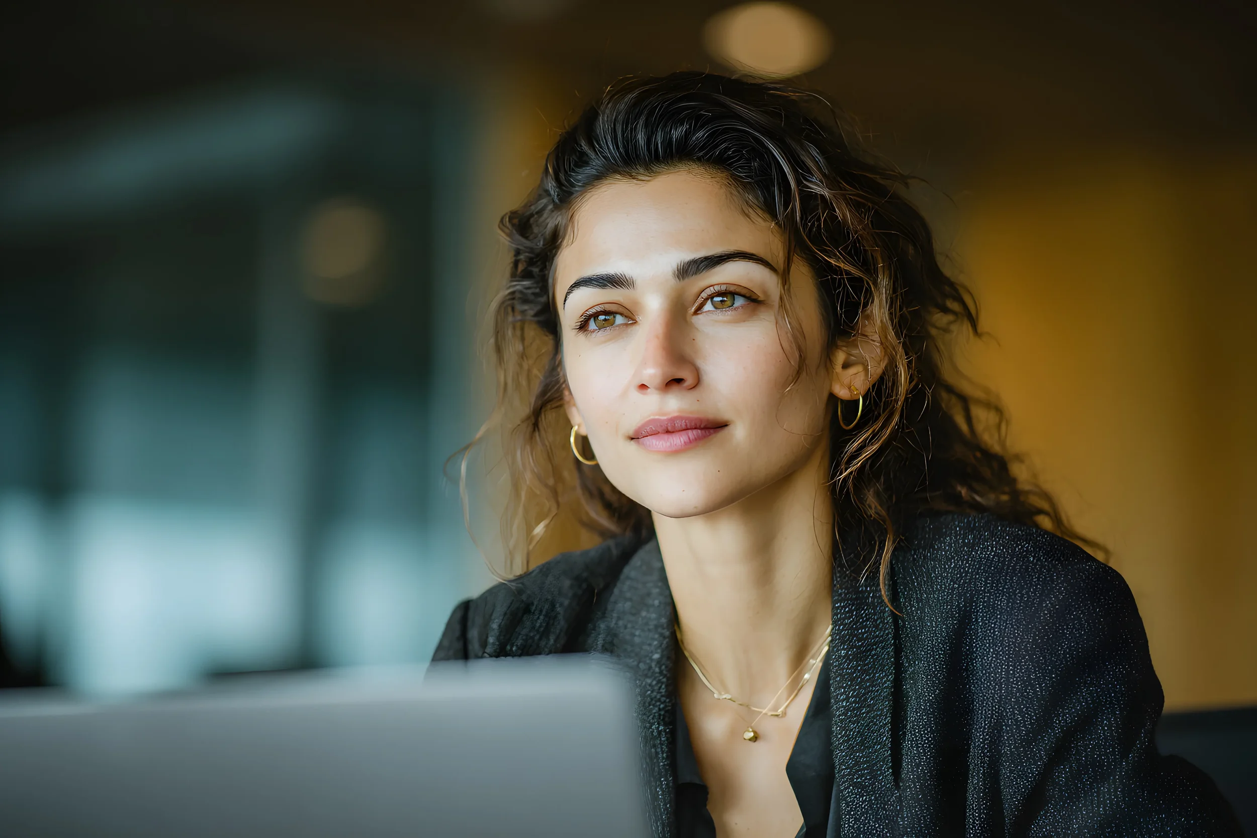 woman in dark blazer at laptop, warm amber background.webp