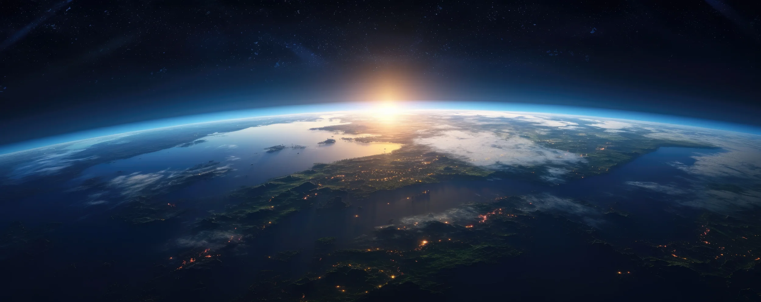 Earth from orbit at sunrise, deep navy and orange light .webp
