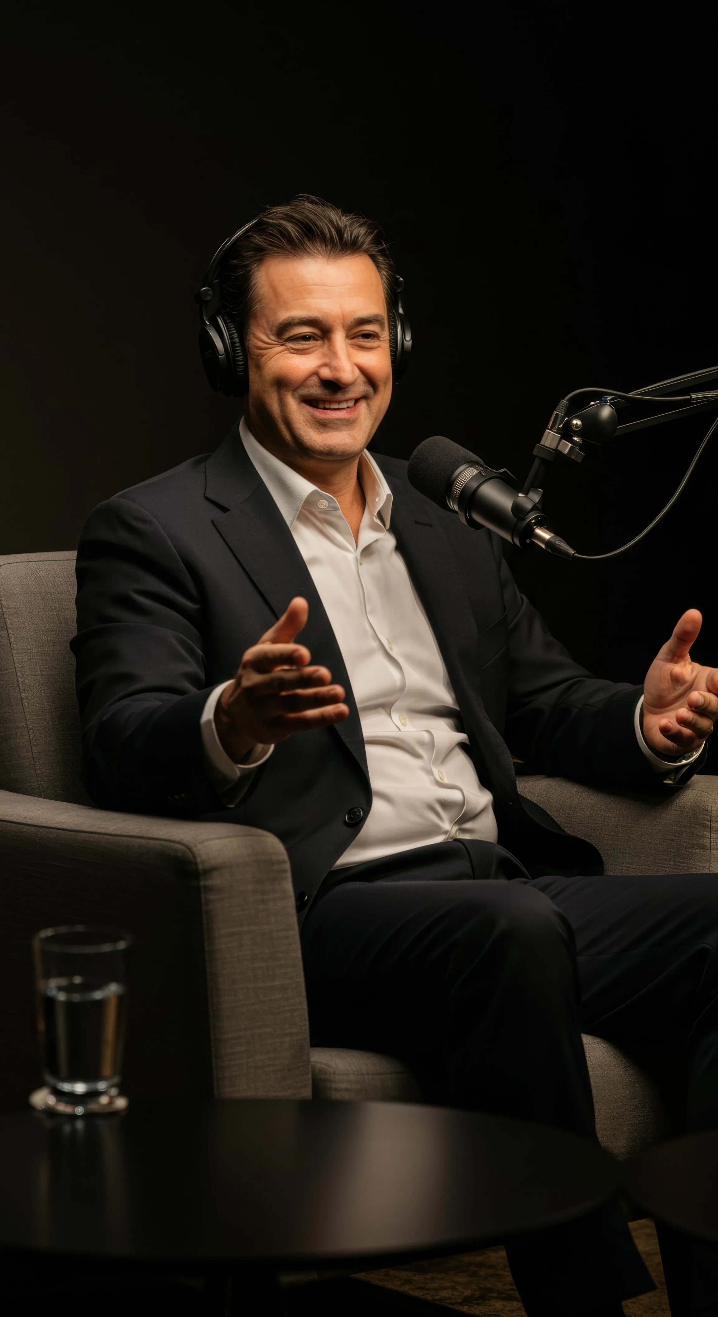 businessman in dark studio recording a podcast, black background.webp