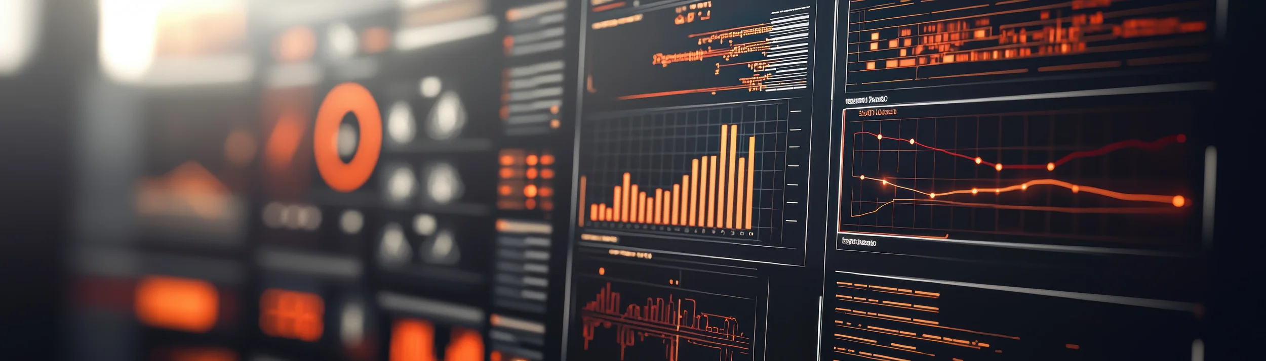 Digital analytics dashboard with orange charts, graphs and performance data on dark screens.