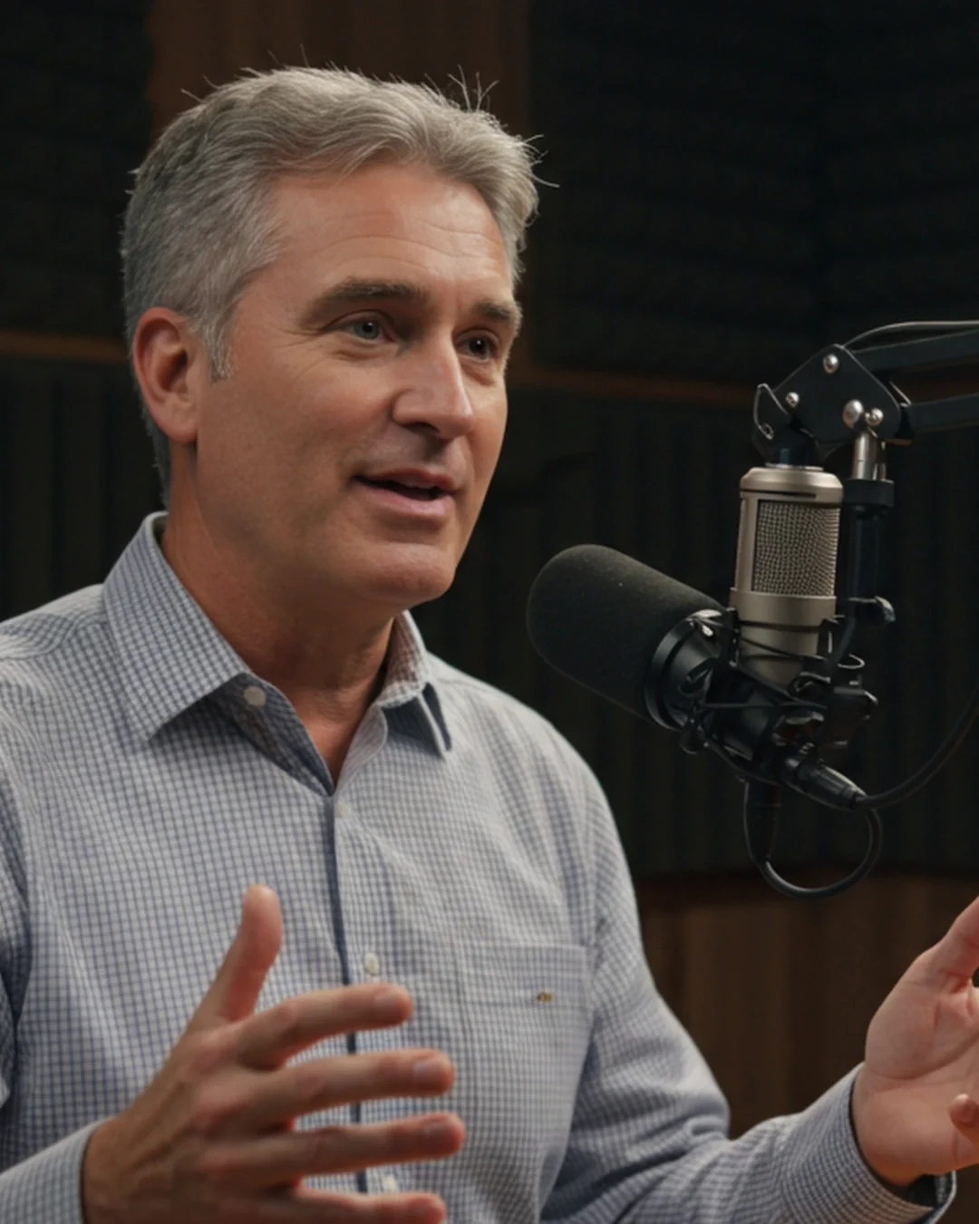 Businessman recording a B2B podcast in studio