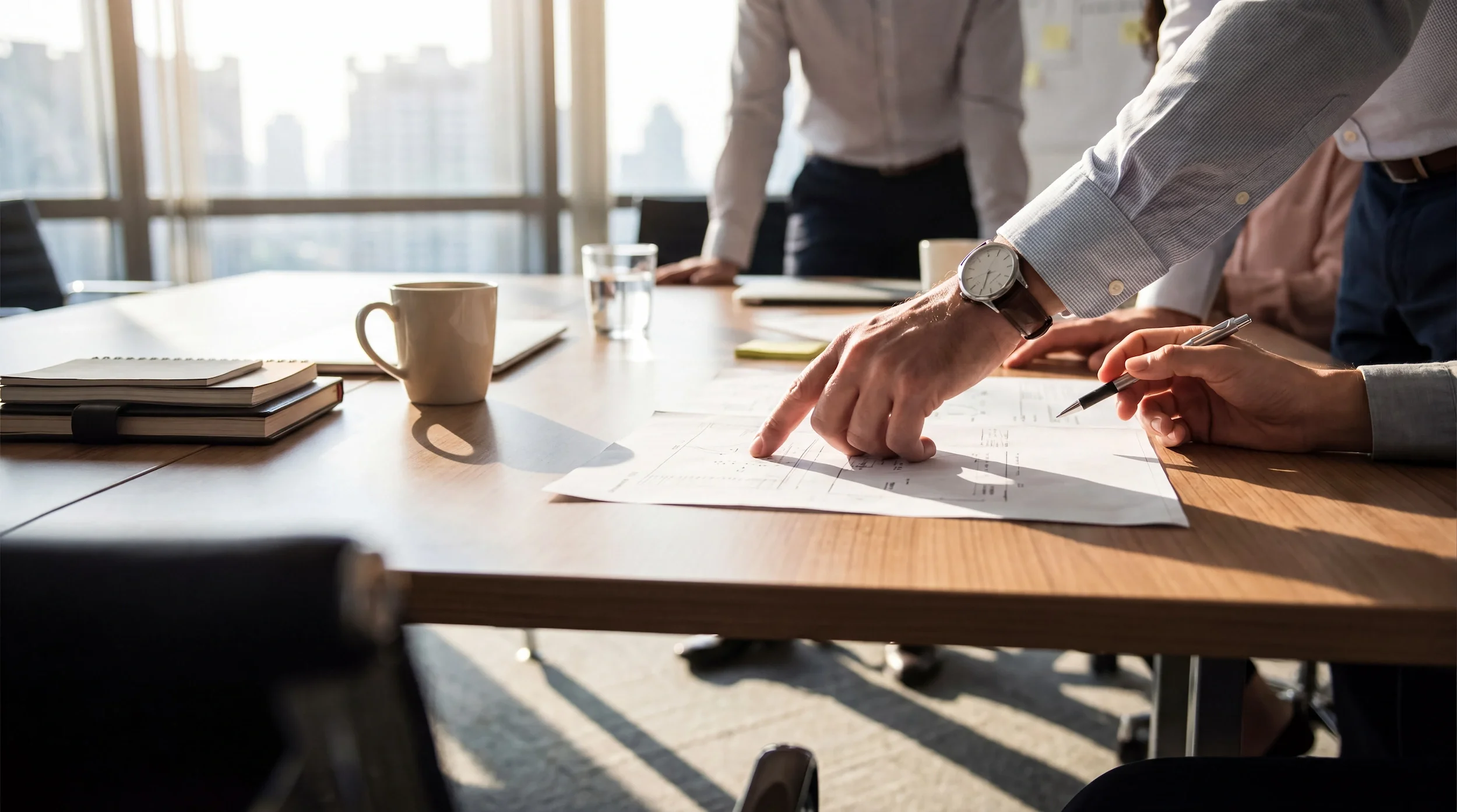Architecture professionals reviewing plans and notes on a desk