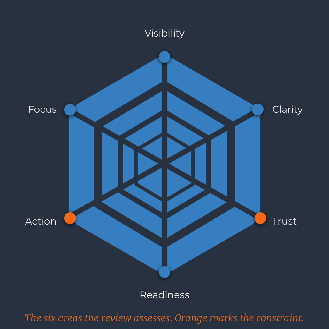 Hexagon diagram showing the six areas assessed in a Beauxhaus Strategic Growth Review — visibility, clarity, trust, readiness, action and focus