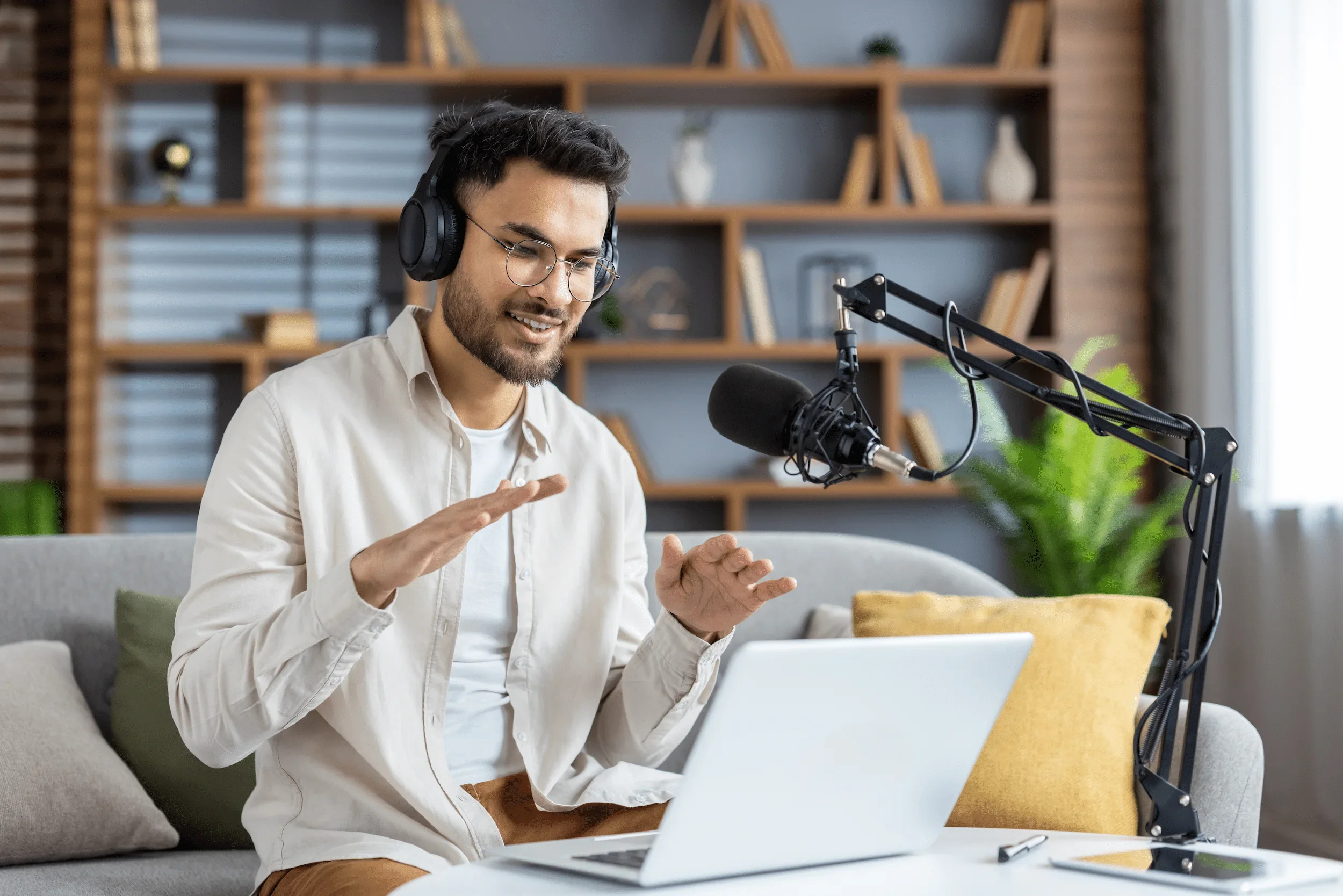 Establish thought leadership branded podcast expert recording in professional remote studio setup.