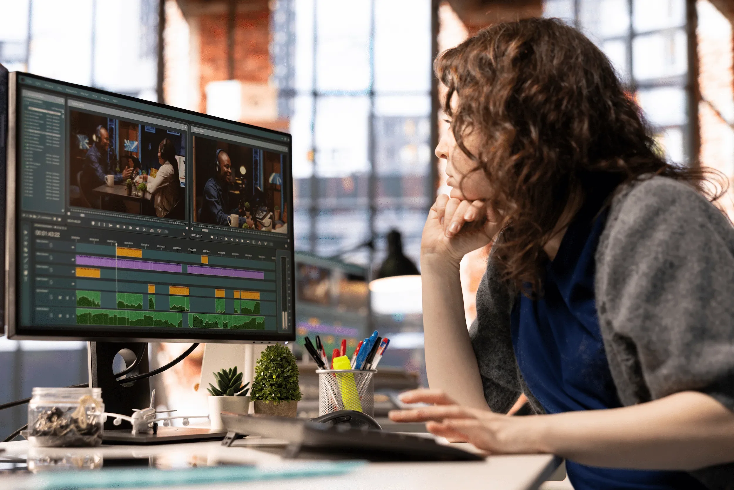 Woman performs professional audio and video editing on a large computer screen