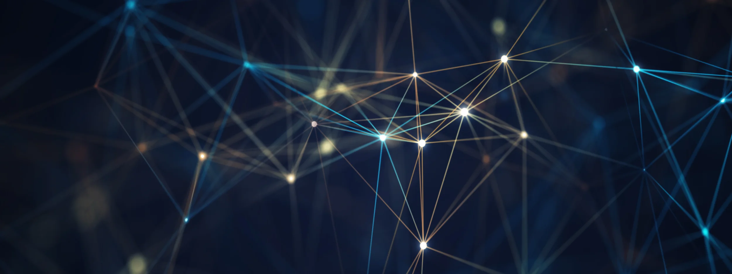 Abstract network of illuminated connected nodes on a dark blue background.