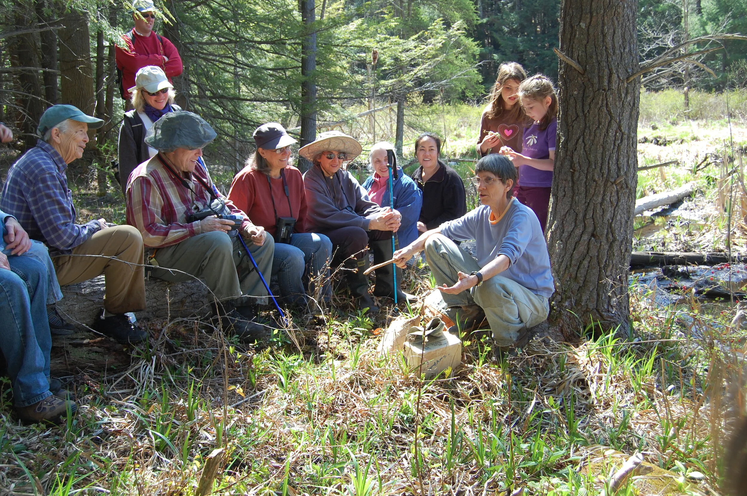 A group of people sitting in a forest, listening to a person speaking.