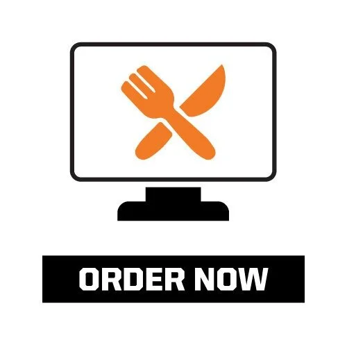 Computer, knife, and fork graphic to order Chicago deep dish pizza