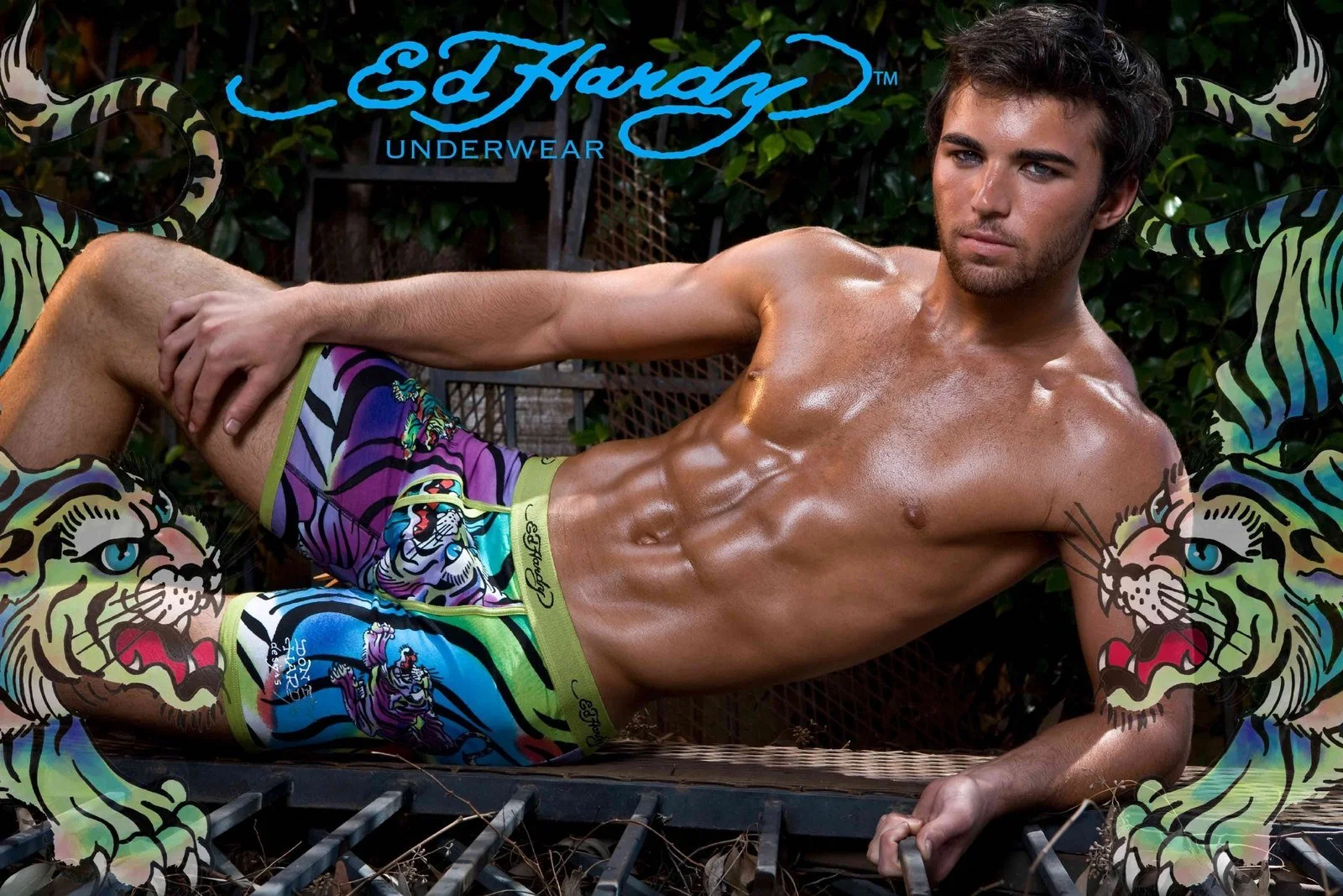 Ed Hardy Underwear billboard with tiger-print boxer brief