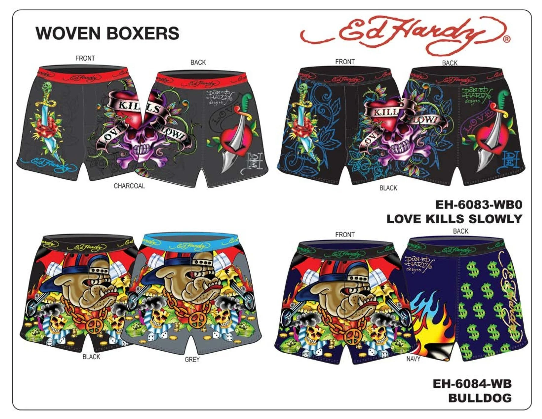 Woven boxer short line sheet: Love Kills Slowly and Bulldog artwork, front and back views