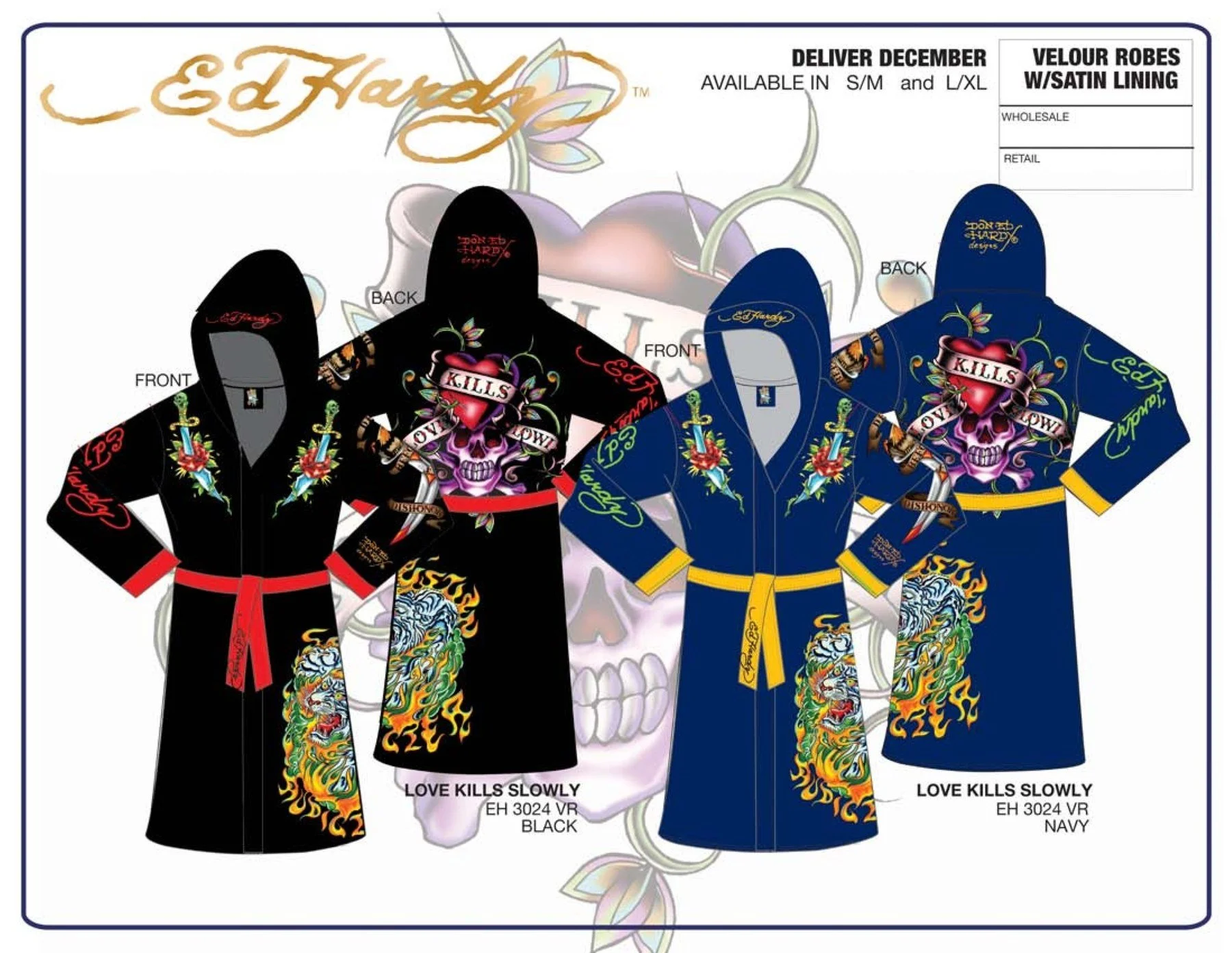Velour hooded robe line sheet: Love Kills Slowly artwork, black and navy colorways