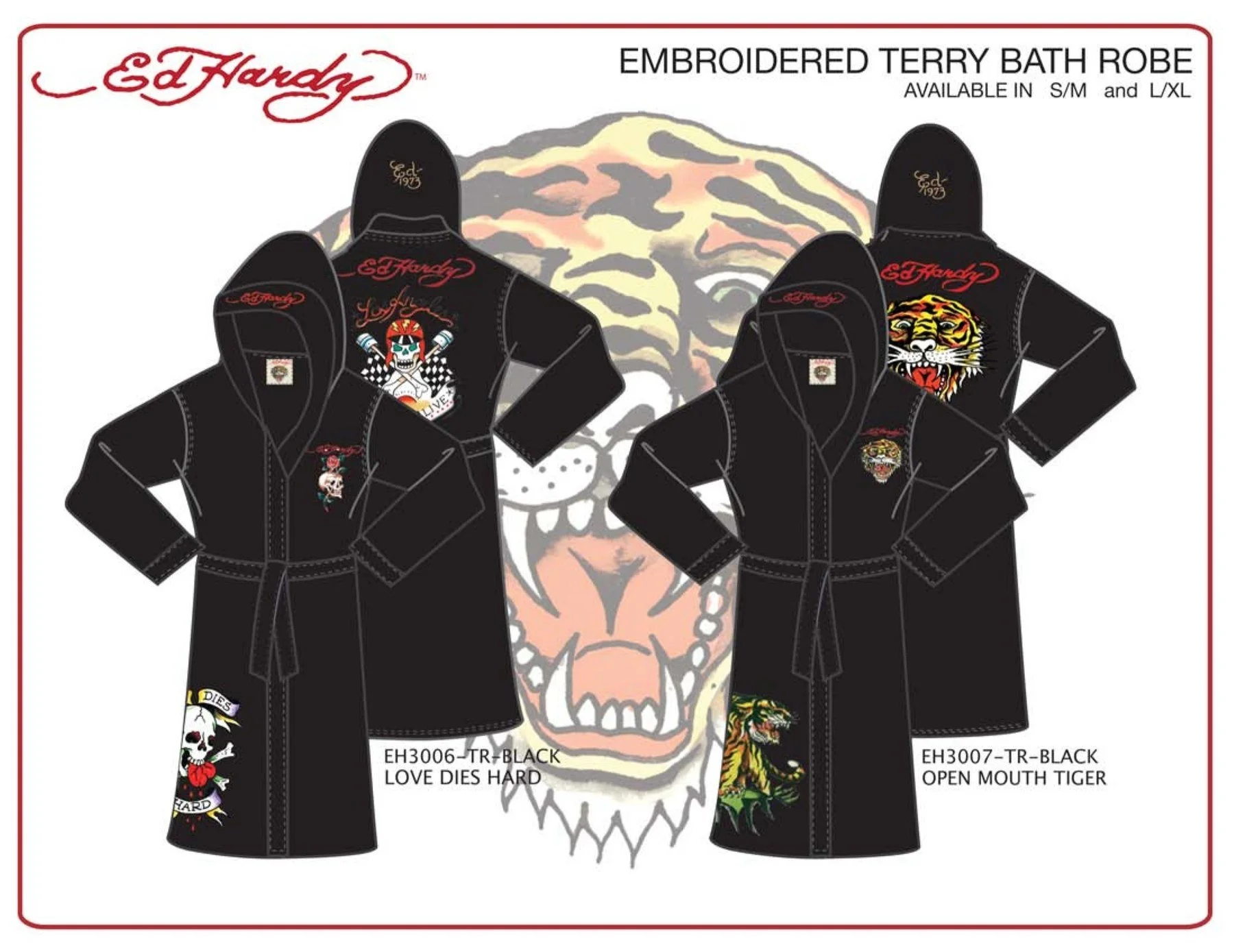 Embroidered terry bath robe line sheet: Love Dies Hard and Open Mouth Tiger