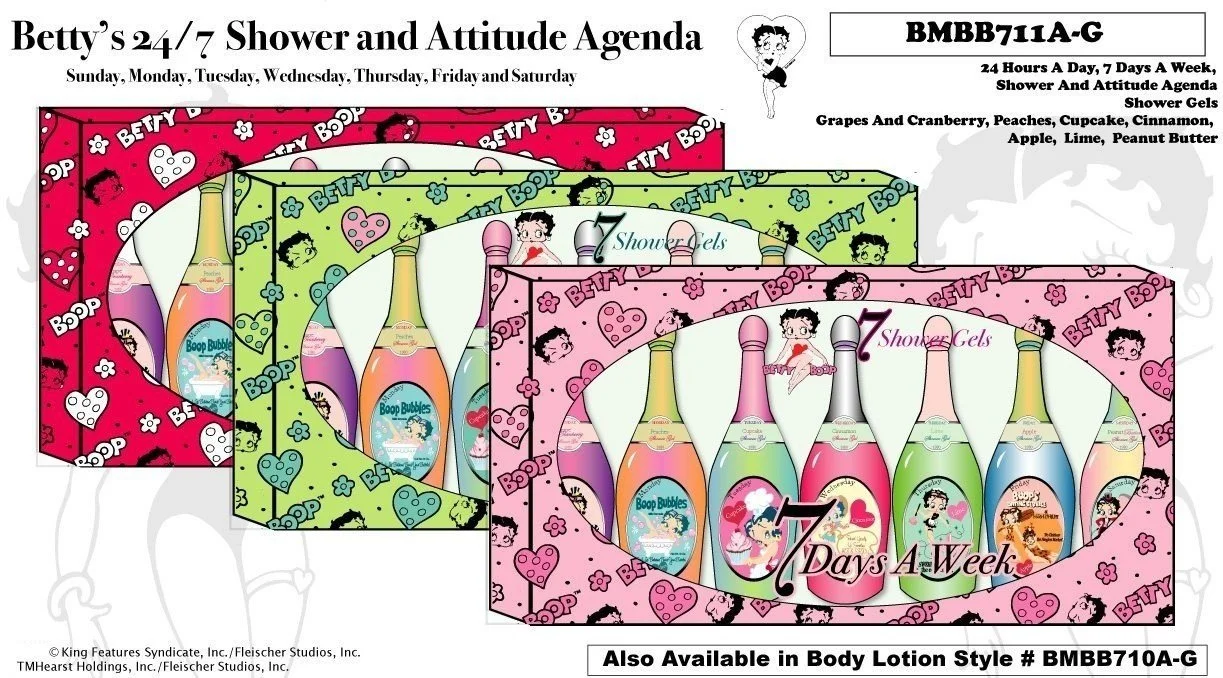 Betty Boop Shower and Attitude Agenda shower gel gift cartons in three colorways