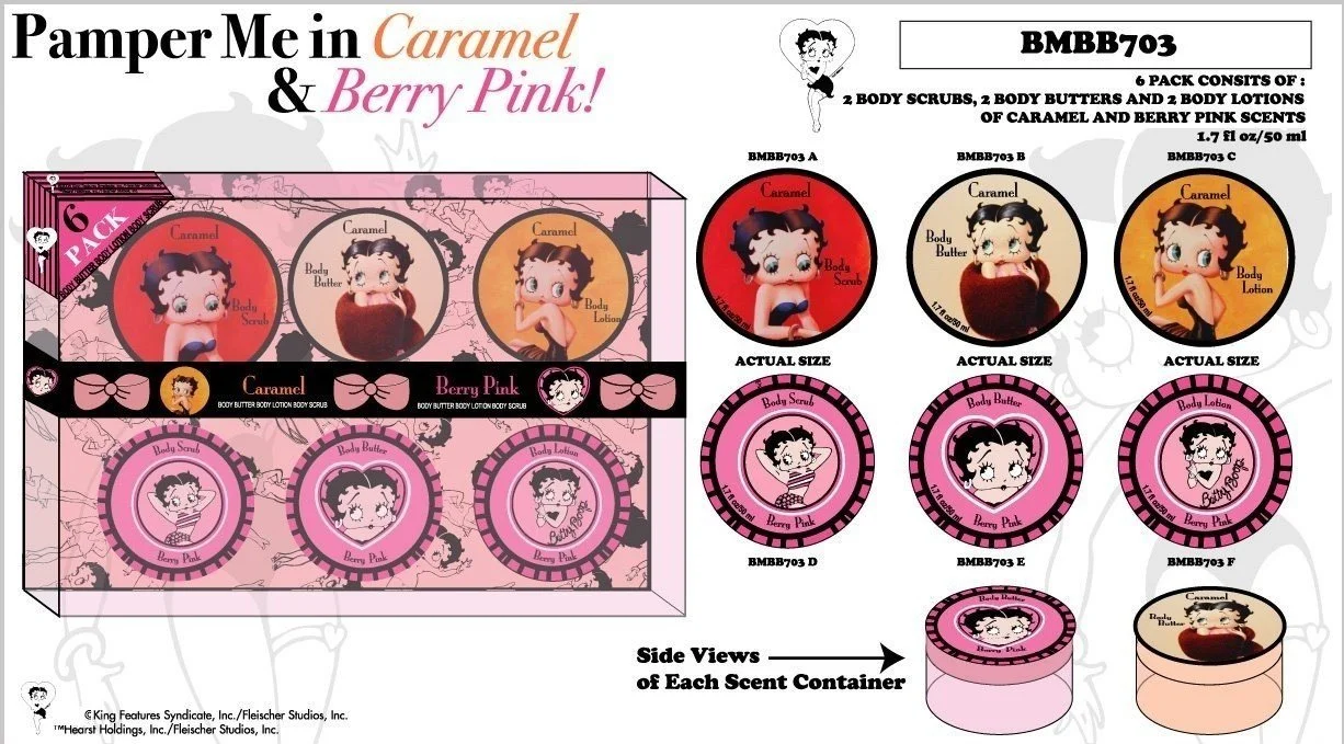 Betty Boop Pamper Me body butter gift set packaging designed by Designland