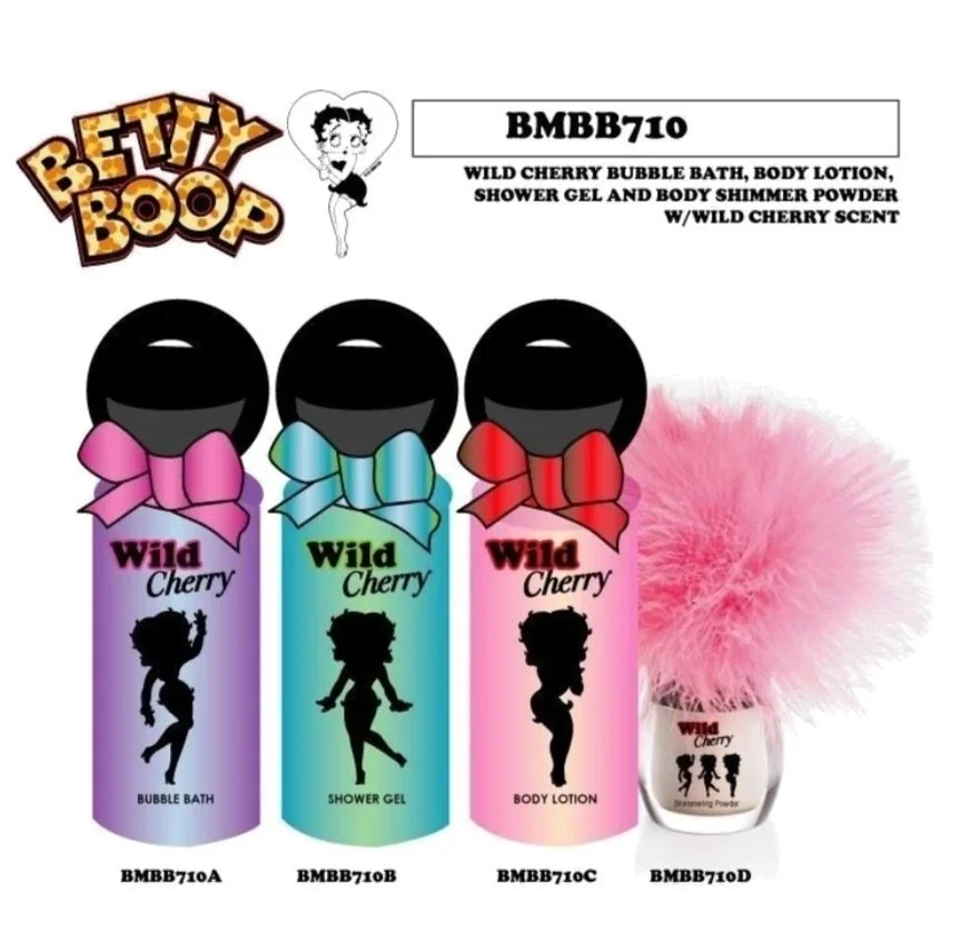 Betty Boop Wild Cherry bubble bath, shower gel, body lotion and shimmer powder packaging, drawn as vector line art by Design Land NYC