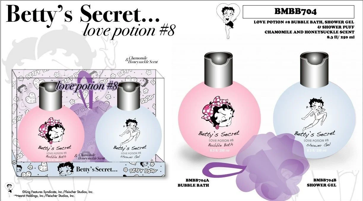 Betty Boop Betty's Secret Love Potion #8 concept board: bubble bath and shower gel in round bottles with gift box