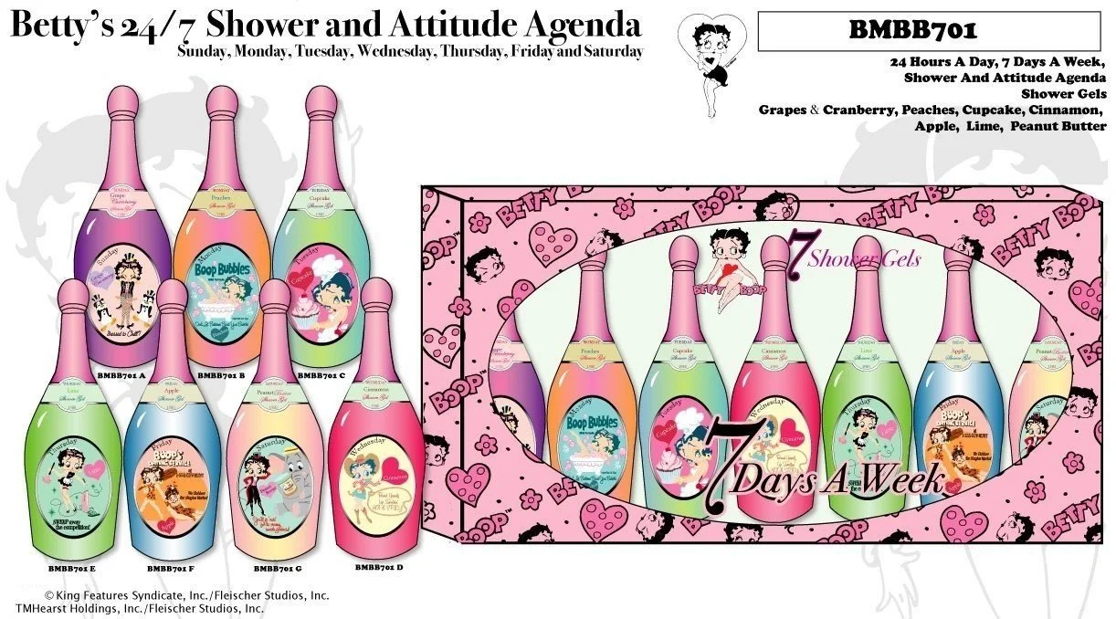 Betty Boop Shower and Attitude Agenda concept board: seven days-of-the-week shower gels in champagne-style bottles with gift carton