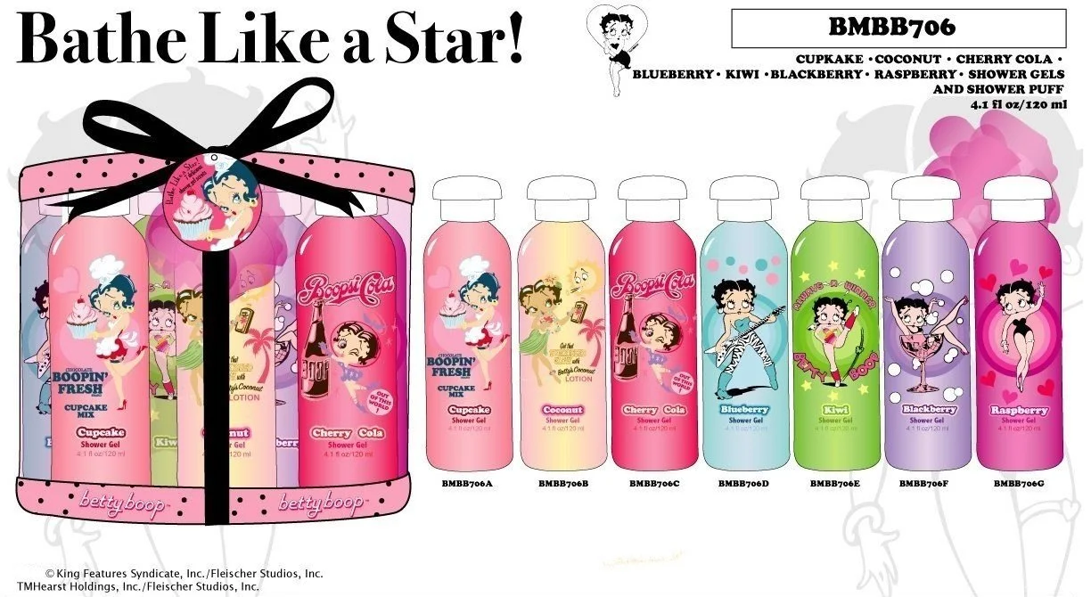 Betty Boop Bathe Like a Star concept board: seven scented shower gels with a ribbon-tied gift set