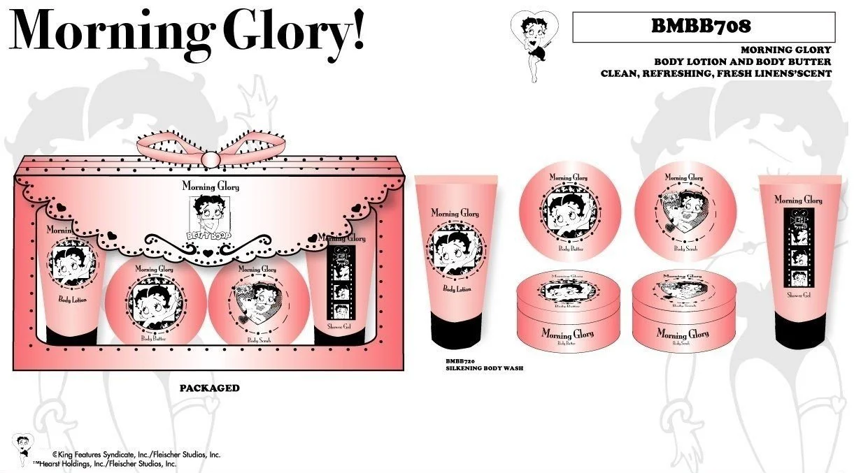 Betty Boop Morning Glory concept board: body lotion, body butter and body scrub gift set in coral packaging