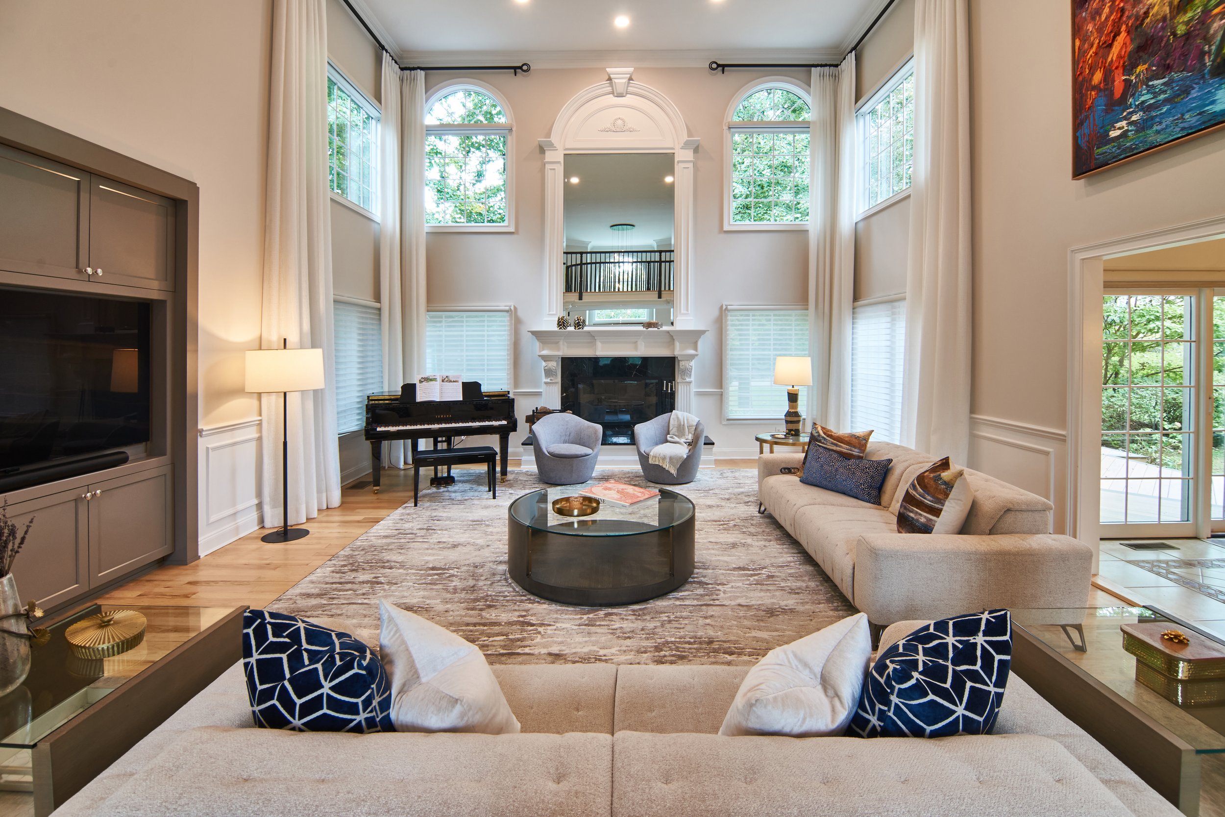 timeless, transitional, high-end two-story space family room design