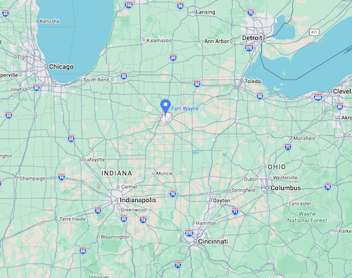 Map of Fort Wayne, Indiana and surrounding areas, including Detroit, Chicago, Cleveland, Cincinnati, Columbus and Indianapolis.