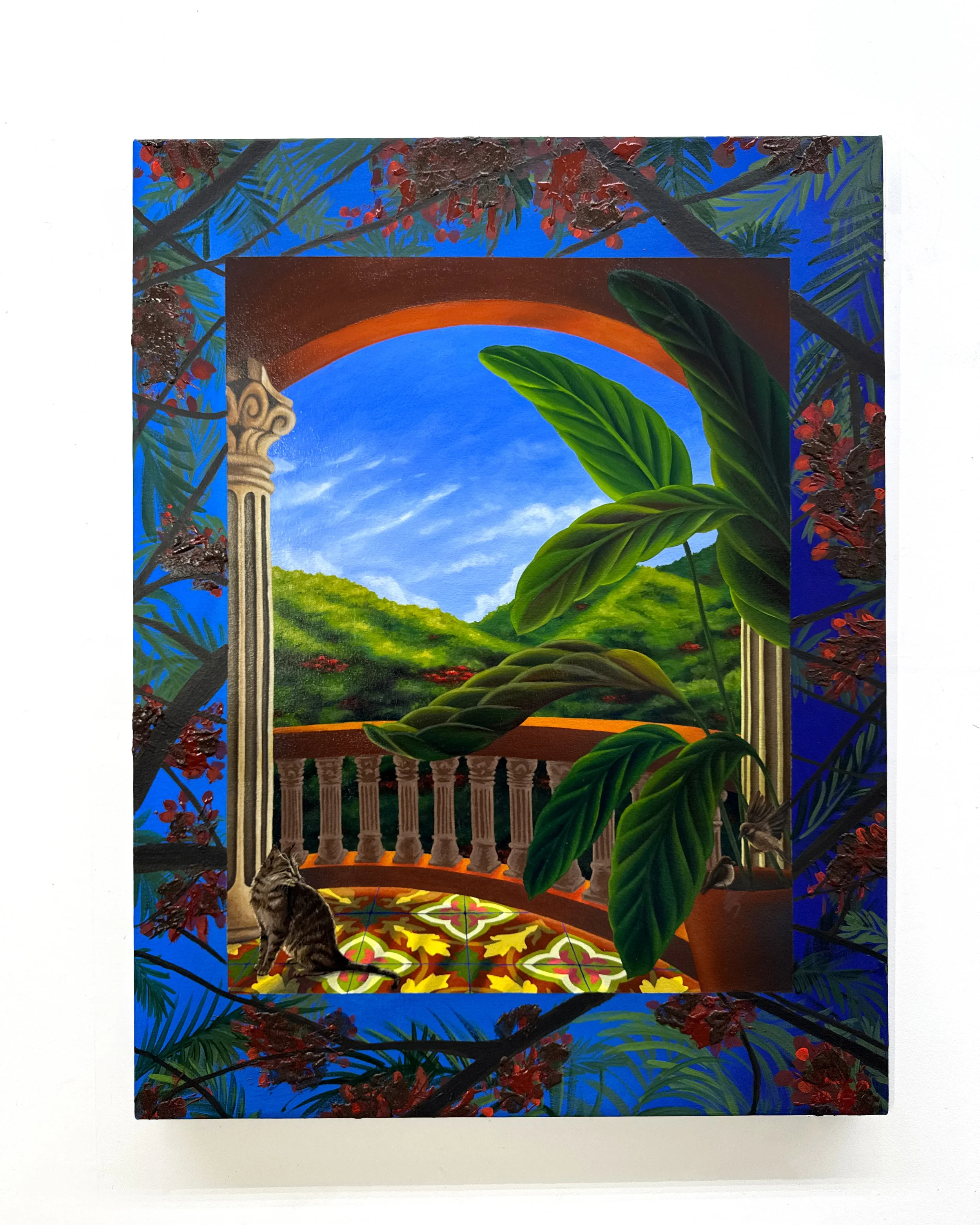 Colorín colorado, que mucho te he extrañado 32 × 42 inches, Oil, acrylic, and flamboyán flower on canvas, 2025