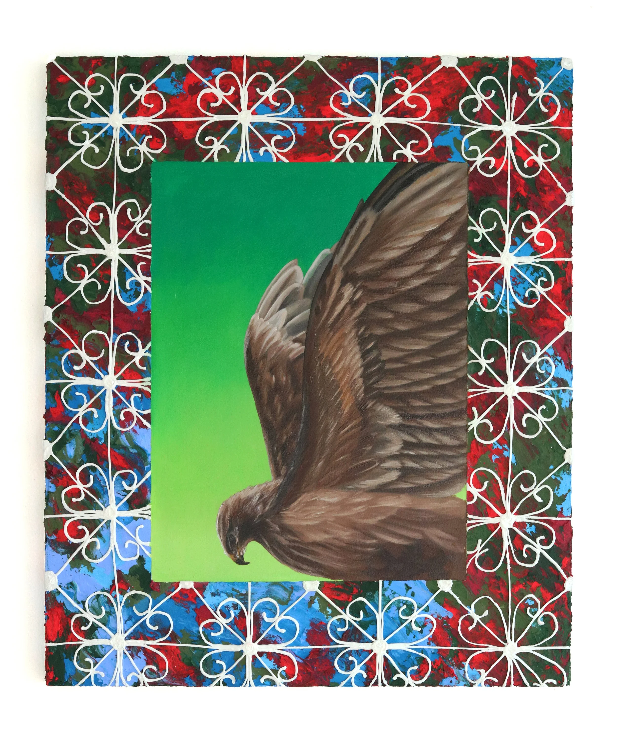   Protection    20 x 24 inches, Oil, acrylic, fiber paste, cochineal, and molding paste on paper on panel, 2026 