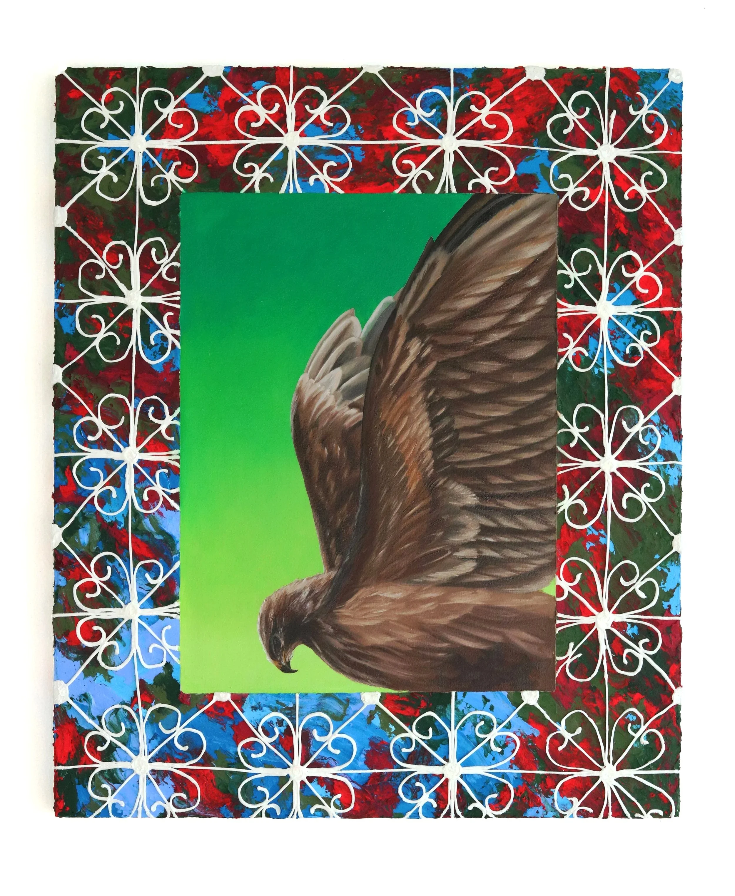   Protection    20 x 24 inches, Oil, acrylic, fiber paste, cochineal, and molding paste on paper on panel, 2026 