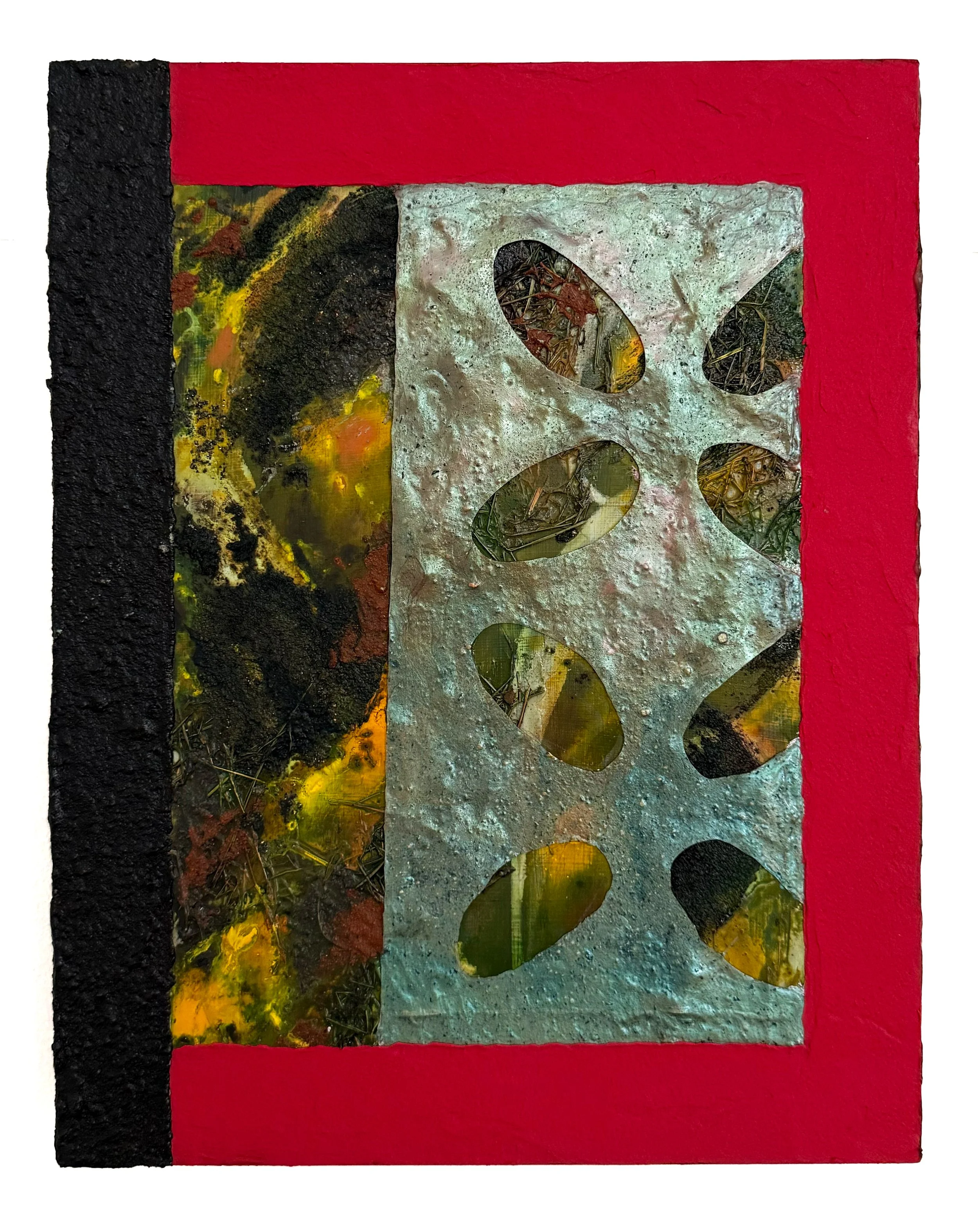  Saturday morning (coffee and freshly cut grass)  14 x 11 inches, Acrylic, grass, mica, brick, river sand, eggshell, car tire, fiber paste, Vermont river rocks, river water, and coffee on panel, 2026 