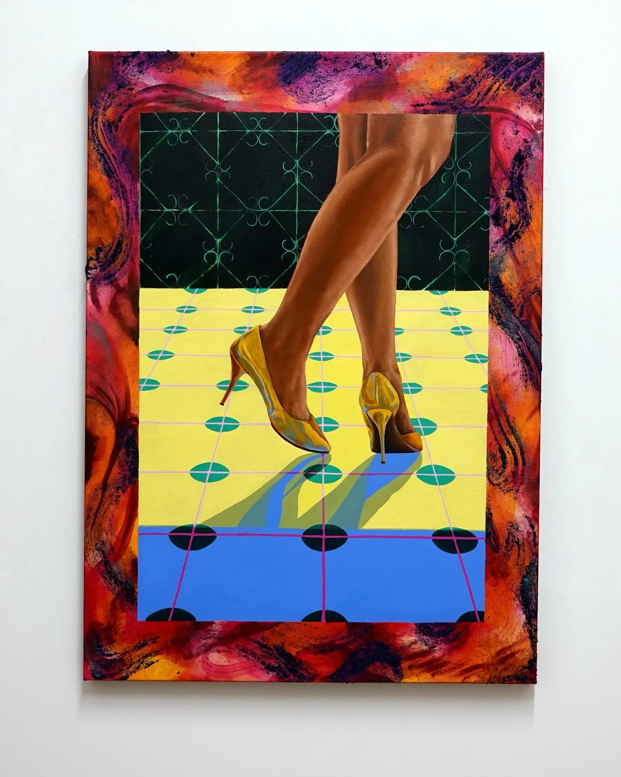   Bailando (Levántate ponte hyper) en la marquesina   26 x 36 inches, Oil, acrylic, glitter, and shredded tire on canvas, 2024 