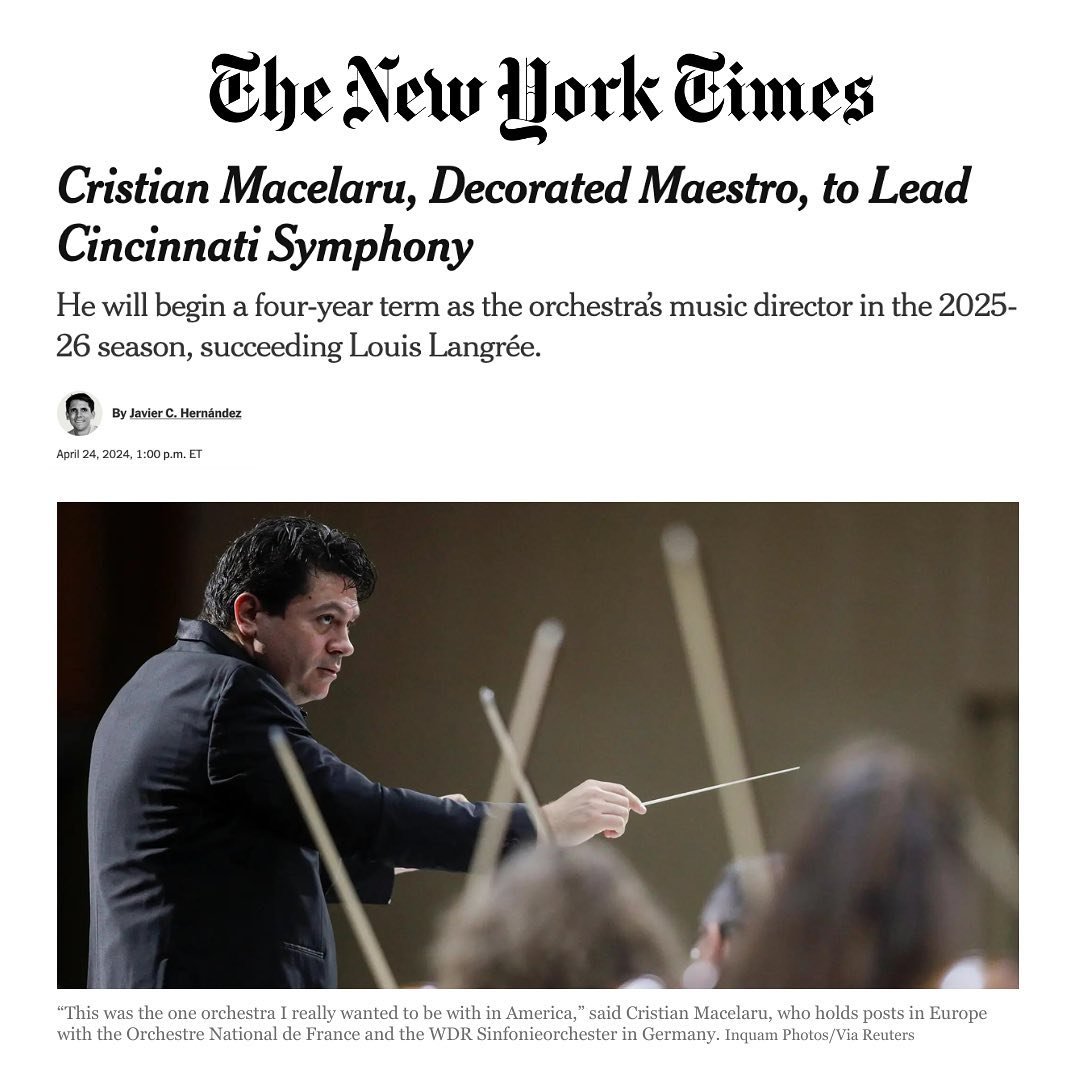 Breaking news! 📣 @Cristian.Macelaru will be the 14th Music Director of the Cincinnati Symphony Orchestra @CincySymphony. Read the full @NYTimes article at nytimes.com.