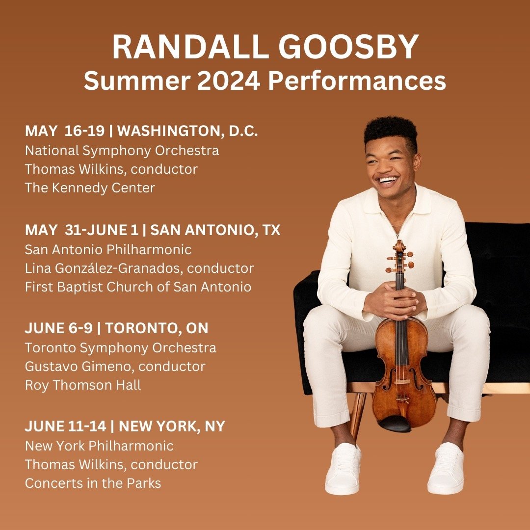 Randall Goosby @ItsGooz performs Mendelssohn&rsquo;s Violin Concerto this summer with 4 orchestras! He plays under Thomas Wilkins&rsquo;s baton with the National Symphony Orchestra @NatSymphonyDC and New York Philharmonic @NYPhilharmonic, San Antonio
