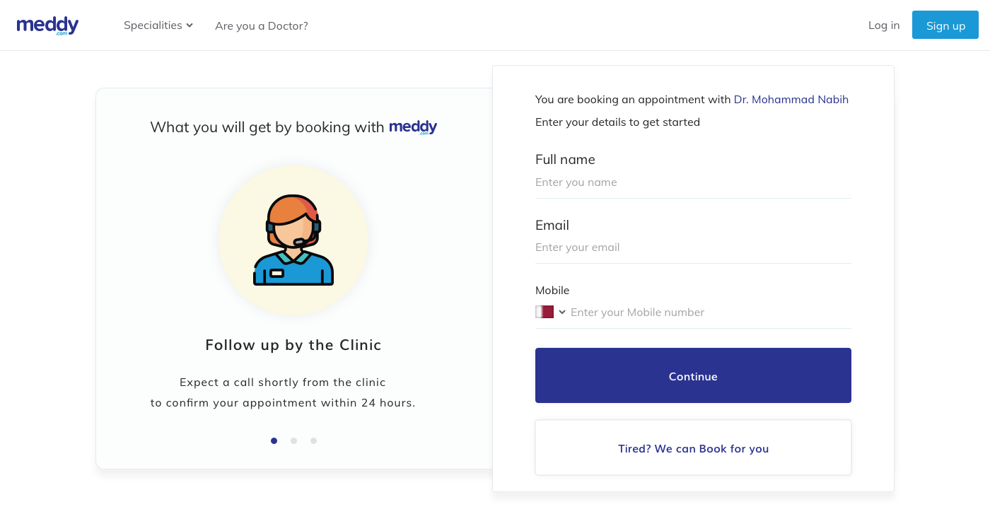 Meddy booking step one asking only for email and phone number